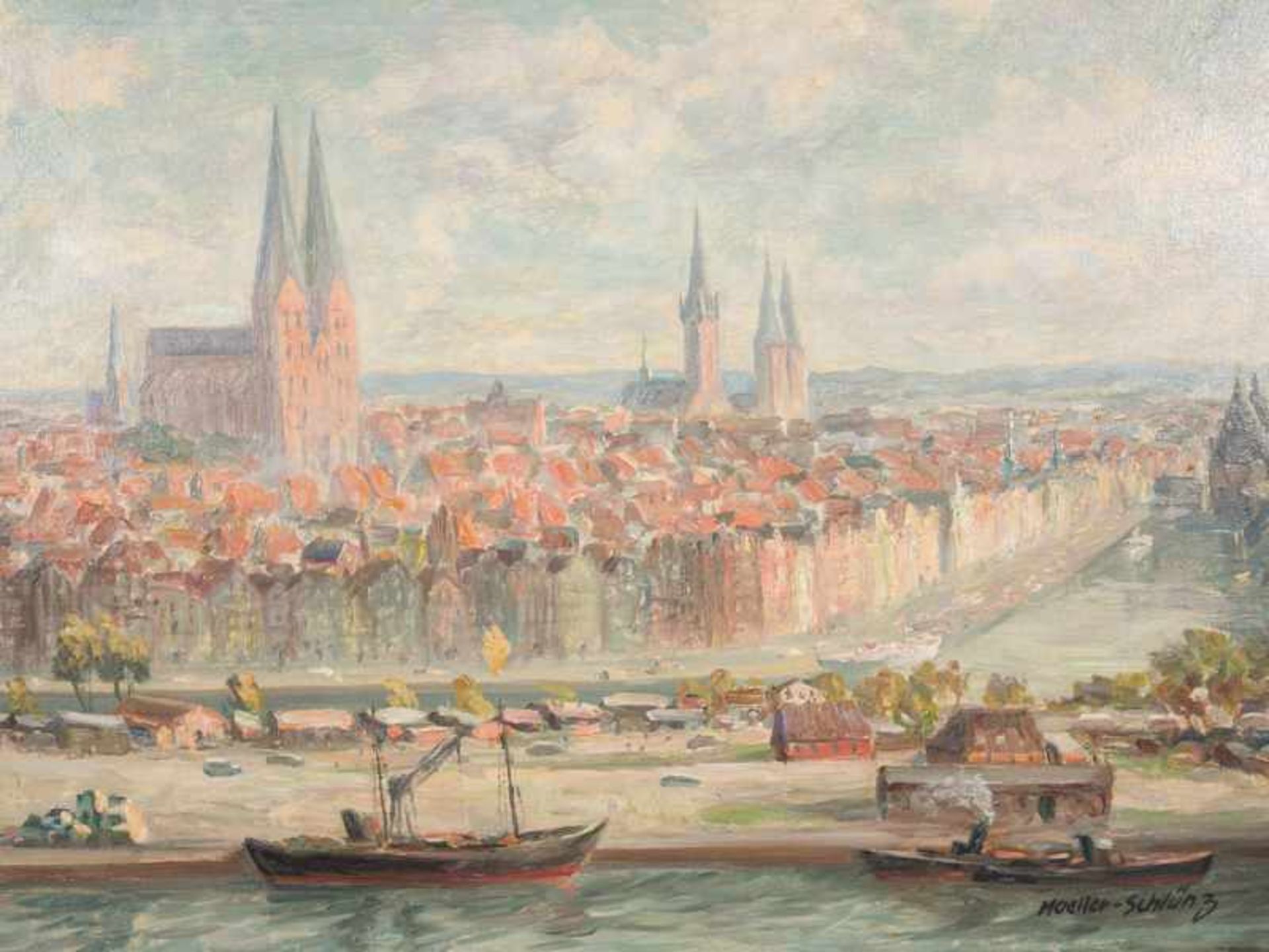 Moeller-Schlünz, Fritz (1900 - 1990). Öl auf Leinwand, "Panorama von Lübeck". Breitformatige - Bild 3 aus 10