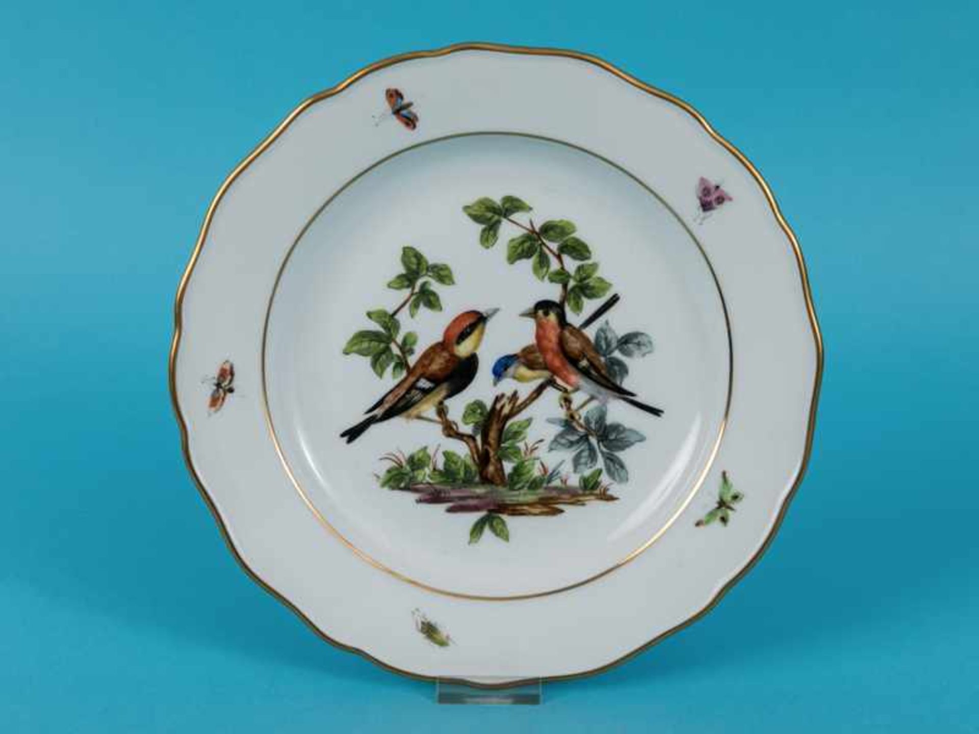 Teller mit Vogel- und Insekten-Malerei, Meissen, 20. Jh. Weißporzellan mit polychromer Malerei und