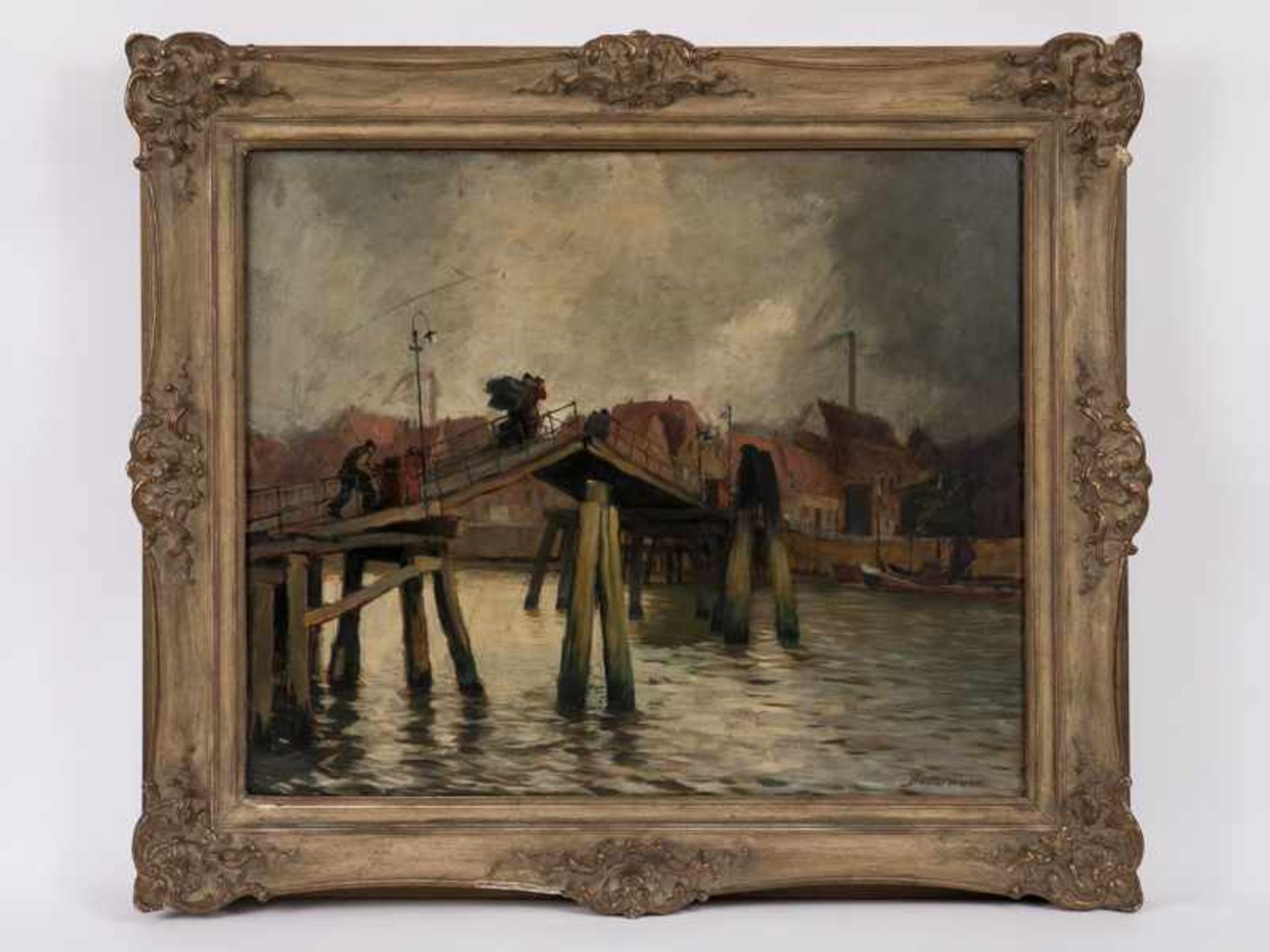 Battermann, Wilhelm (1872 - 1939). Öl auf Malkarton, "Die Klappbrücke im Eckernförder Hafen zwischen