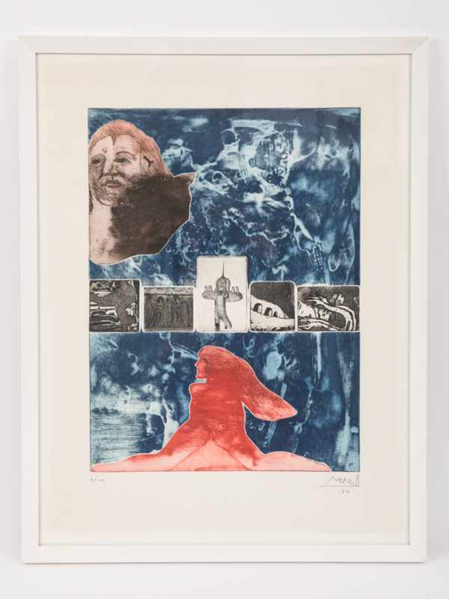 Morell, Pit (* 1939). Farb-Aquatintaradierung. Blaugrundige Komposition mit rotem weiblichen Akt,