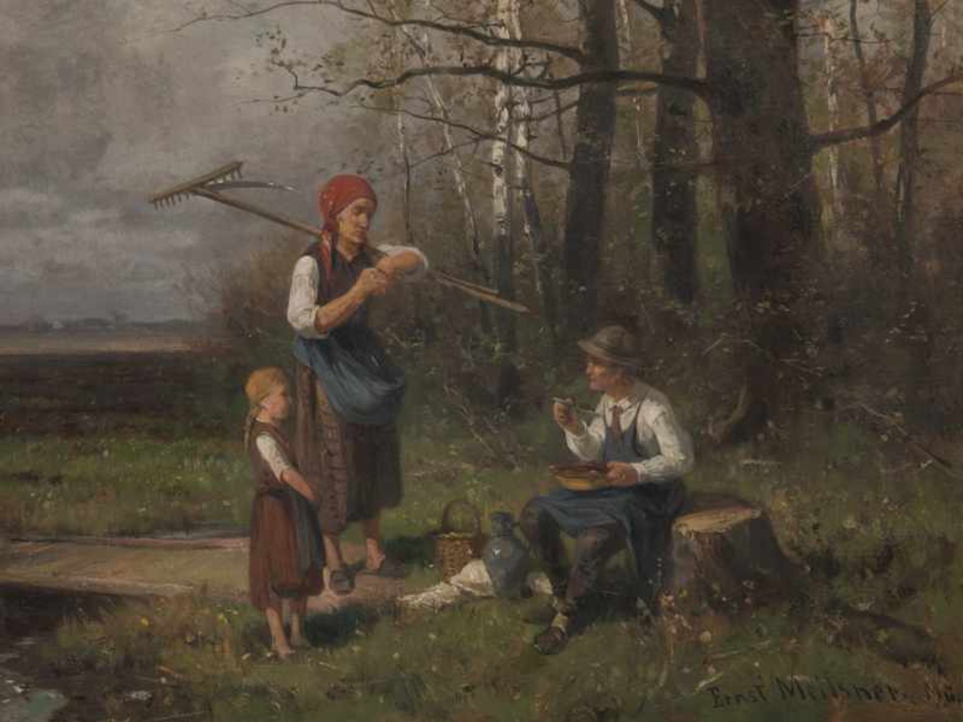 Meissner, Ernst Adolf (1837 - 1902). Öl auf Leinwand; "Rast am Feldrand". Landschaftsmotiv mit - Image 4 of 14