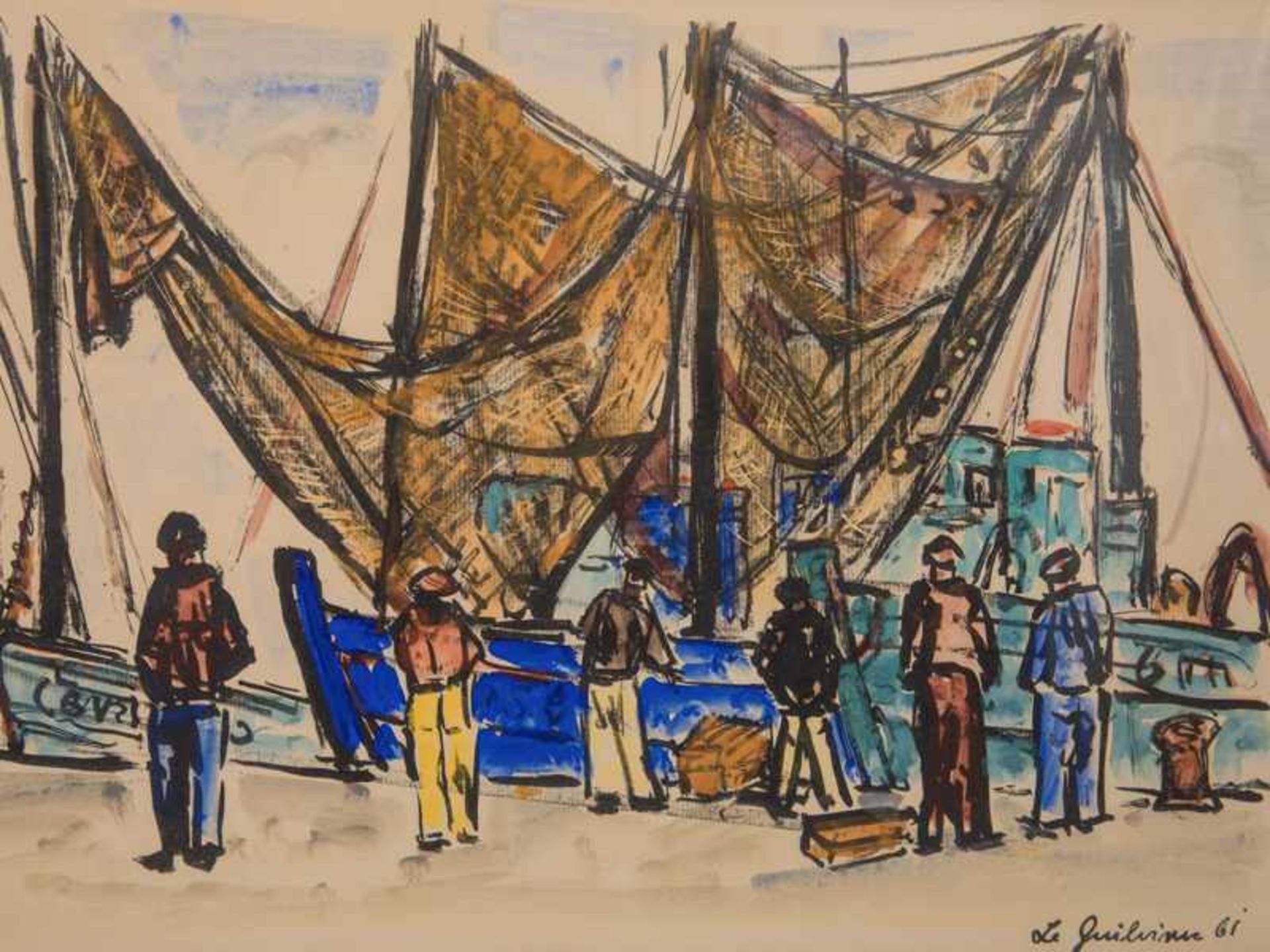 Hops, Tom (1906 - 1976). Farbig aquarellierte Lithographie, "Im Hafen von Le Guilvinec in der - Bild 3 aus 12