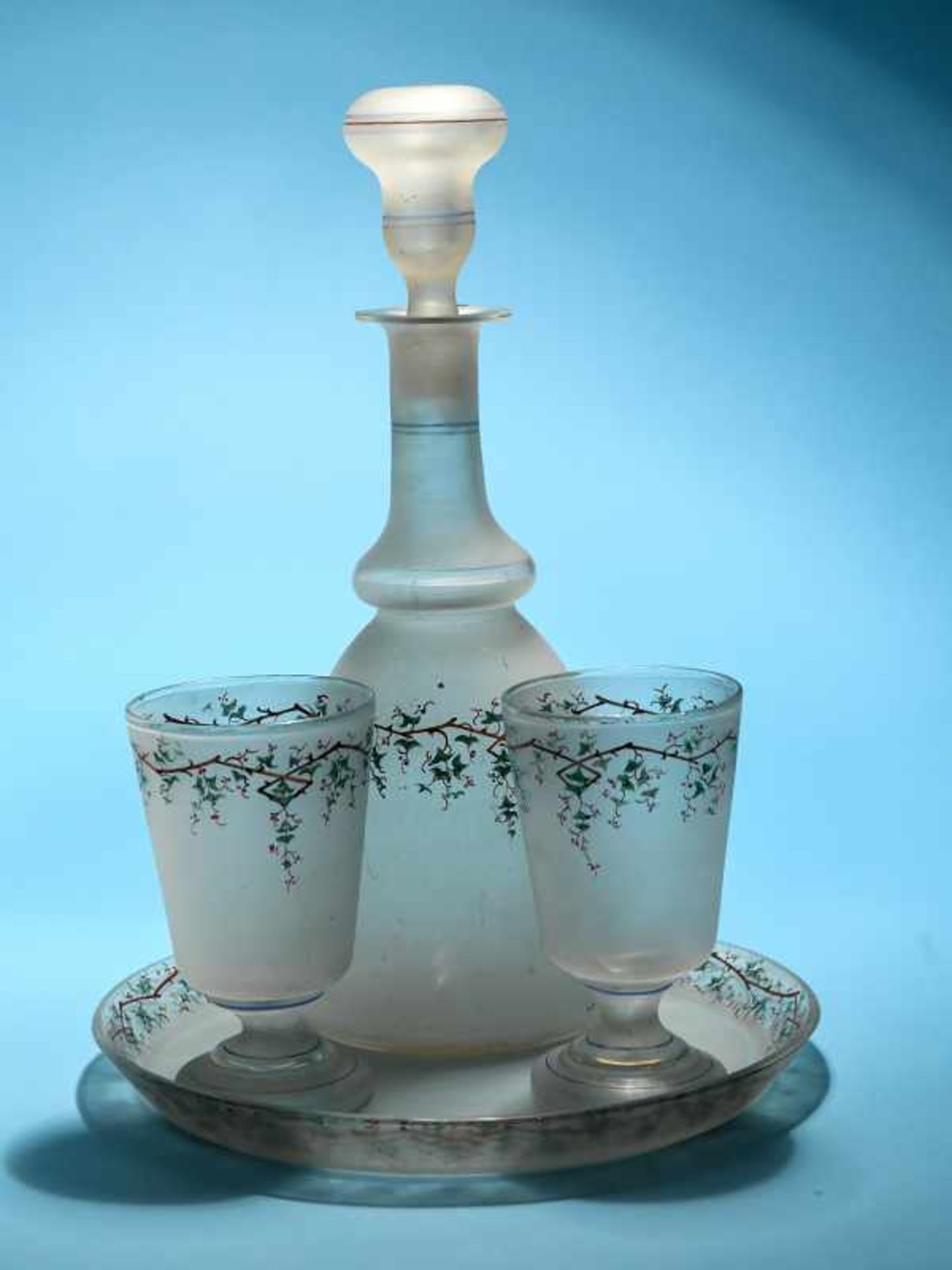 4-tlg. Biedermeier-Karaffen- u. Gläser-Set, Mitte 19. Jh. Farbloses Glas mit polychromer Bordüren- - Bild 2 aus 14