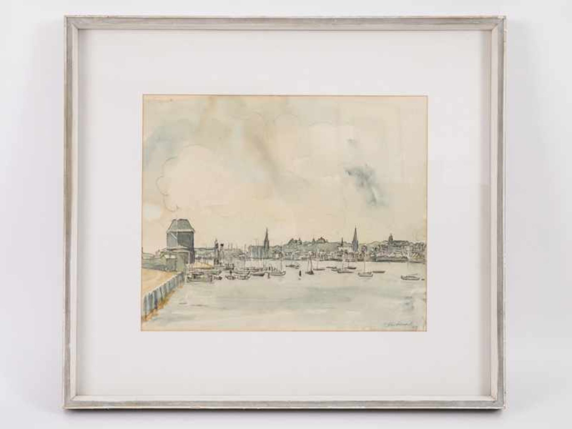 Hensel, Gerhard Fritz (1910 - 1986). Farbig aquarellierte Kohlezeichnung, "Im Flensburger Hafen", - Bild 2 aus 14