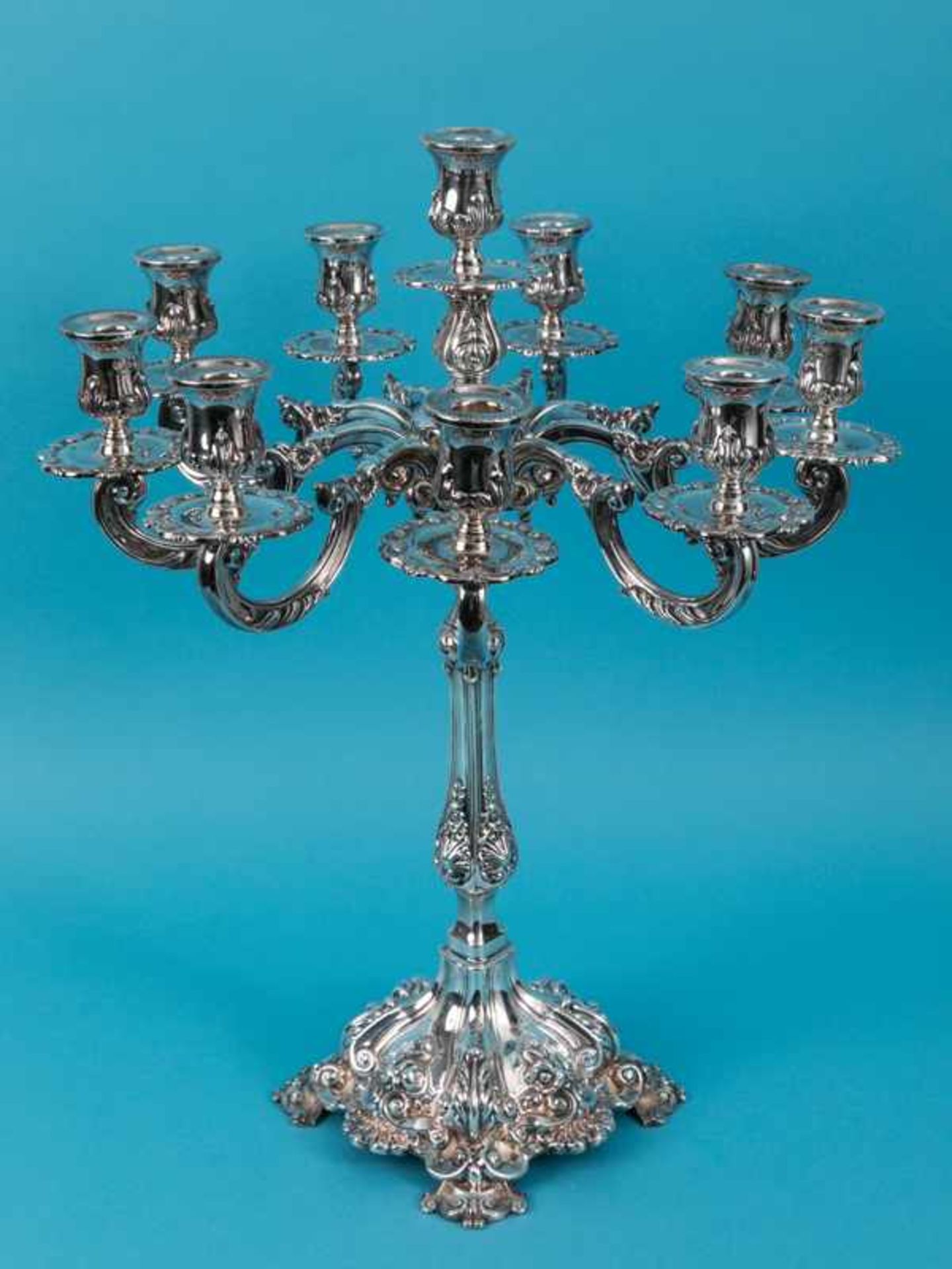 Große, 10-flammige Prunk-Girandole, gemarkt "Masoret", 20. Jh. 925/-Silber, ca. 2495 g. Auf