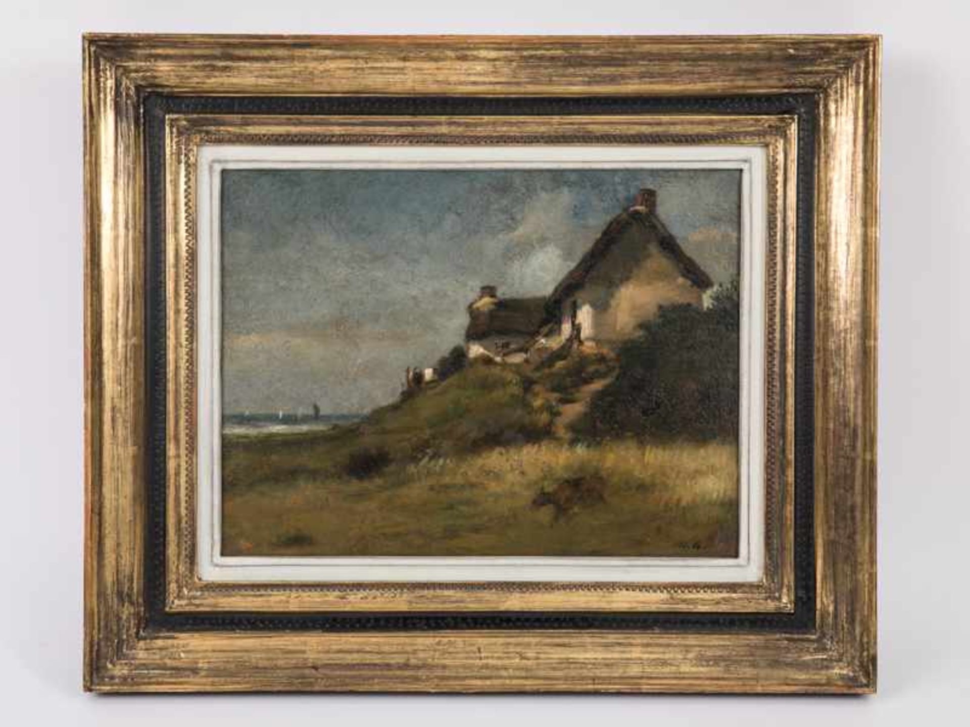 Grün, Maurice (1868 - 1947). Öl auf Malkarton, "Haus in den Dünen mit Meeresausblick". Unten