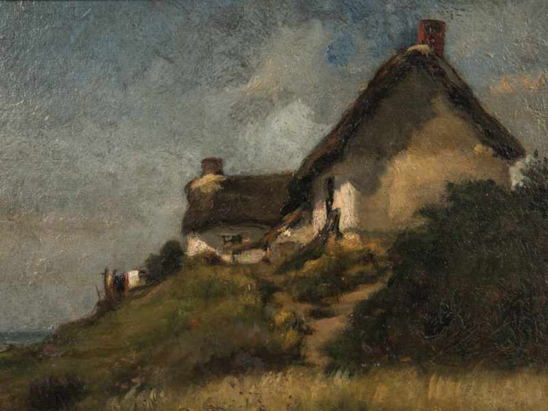 Grün, Maurice (1868 - 1947). Öl auf Malkarton, "Haus in den Dünen mit Meeresausblick". Unten - Bild 4 aus 10