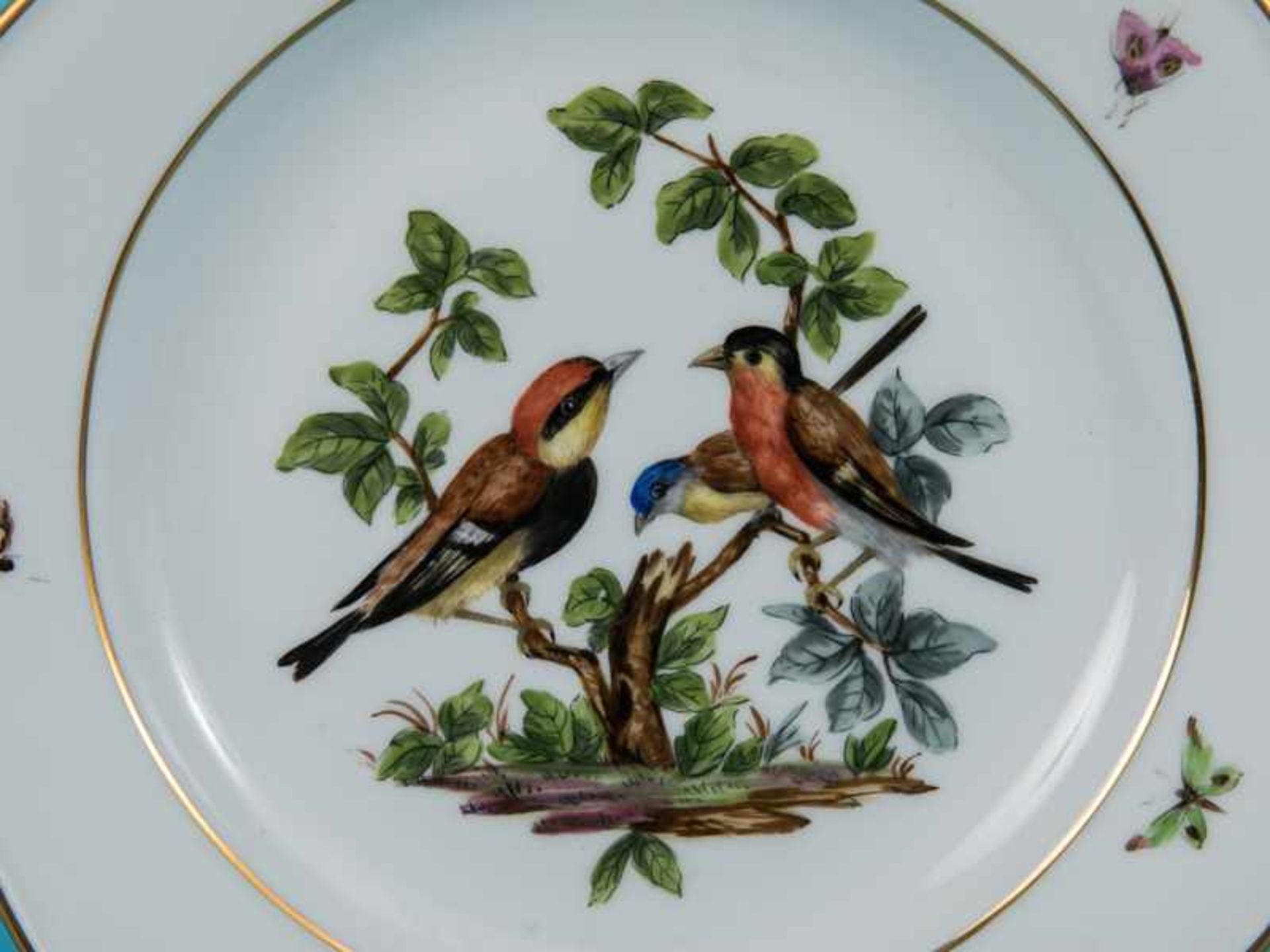 Teller mit Vogel- und Insekten-Malerei, Meissen, 20. Jh. Weißporzellan mit polychromer Malerei und - Bild 2 aus 5