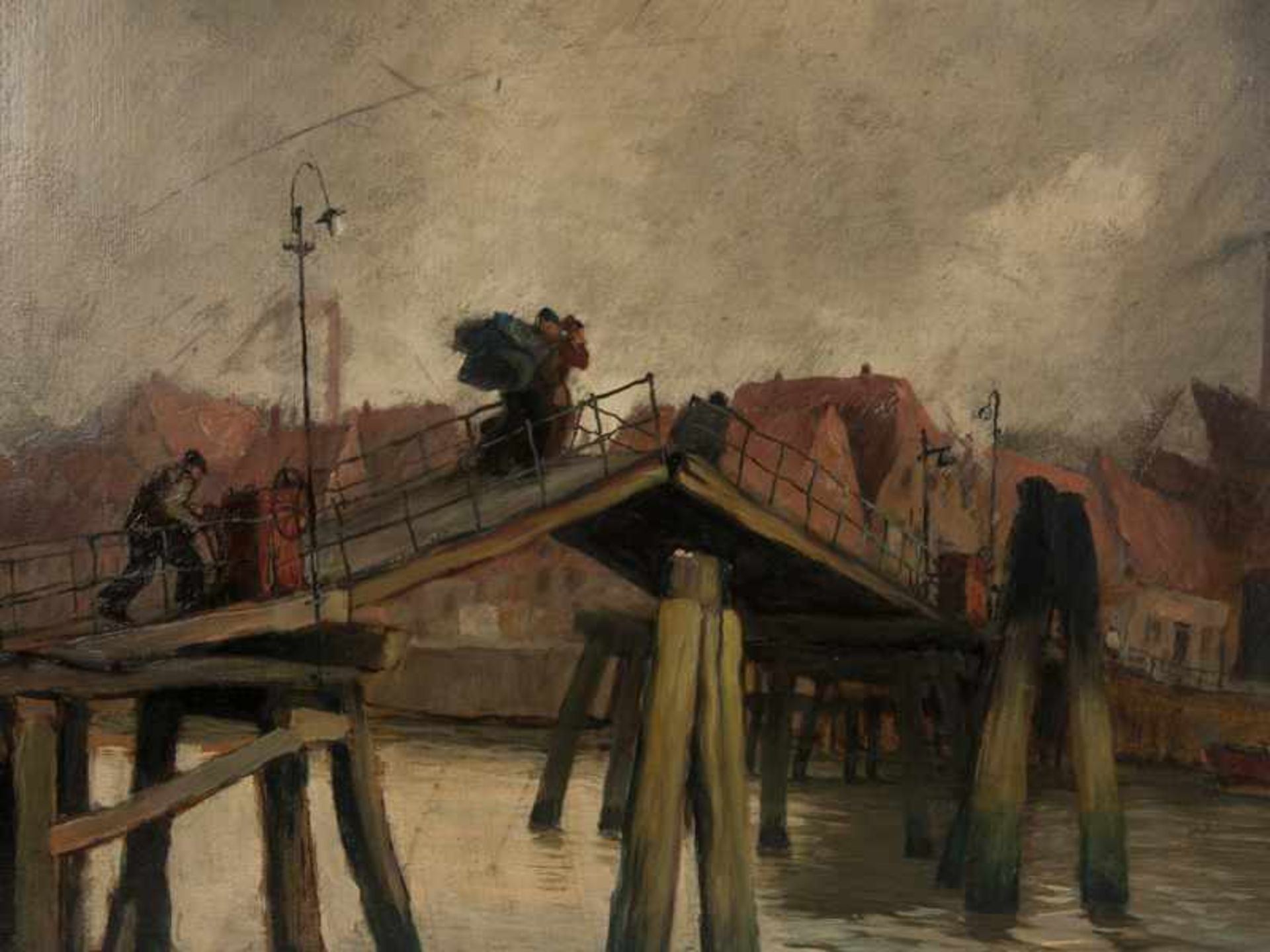 Battermann, Wilhelm (1872 - 1939). Öl auf Malkarton, "Die Klappbrücke im Eckernförder Hafen zwischen - Bild 3 aus 8