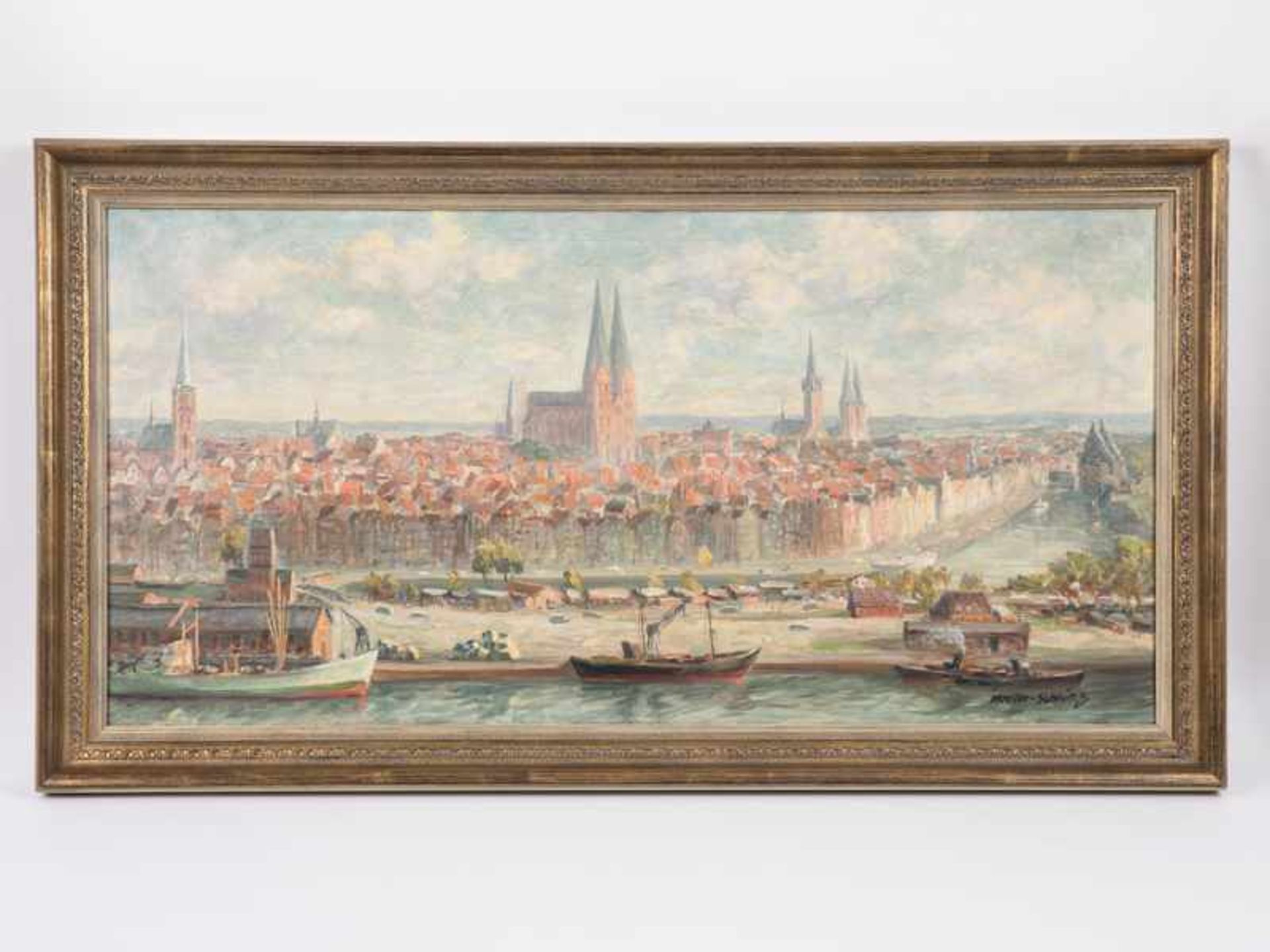 Moeller-Schlünz, Fritz (1900 - 1990). Öl auf Leinwand, "Panorama von Lübeck". Breitformatige