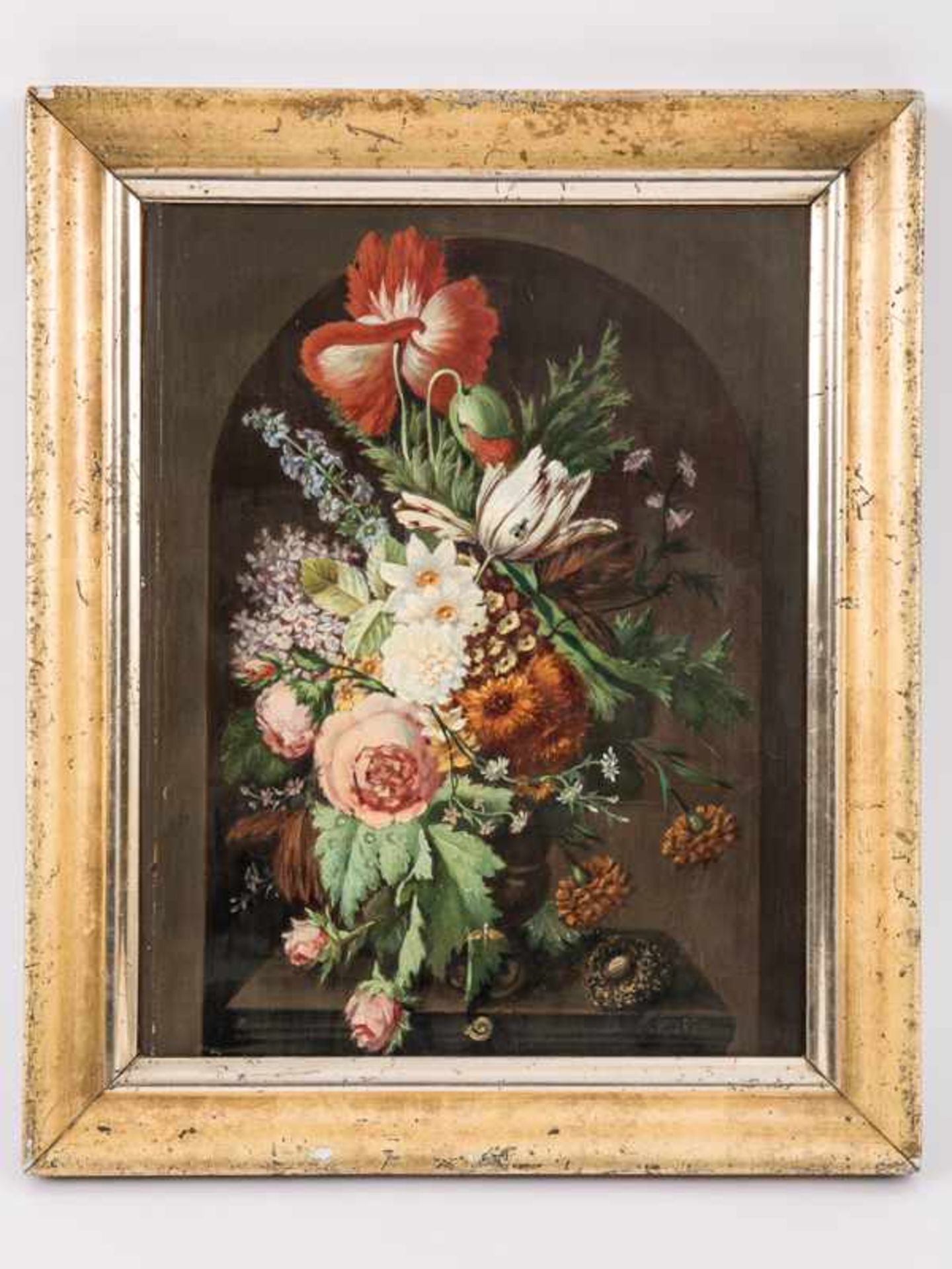 Rohde, Nathalia (dänische Künstlerin des 19. Jh.). Öl auf Holz, "Blumenstilleben in rundbogiger
