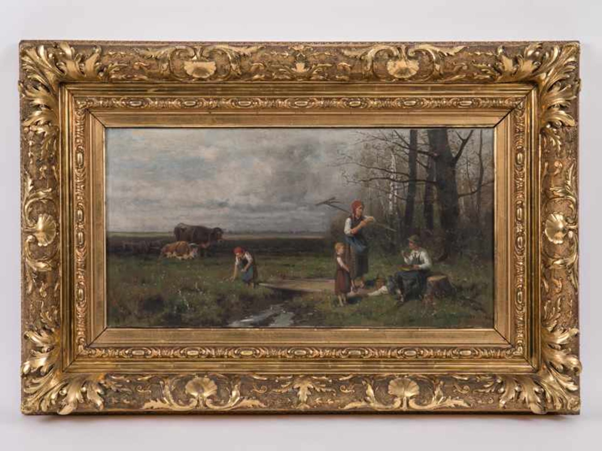 Meissner, Ernst Adolf (1837 - 1902). Öl auf Leinwand; "Rast am Feldrand". Landschaftsmotiv mit
