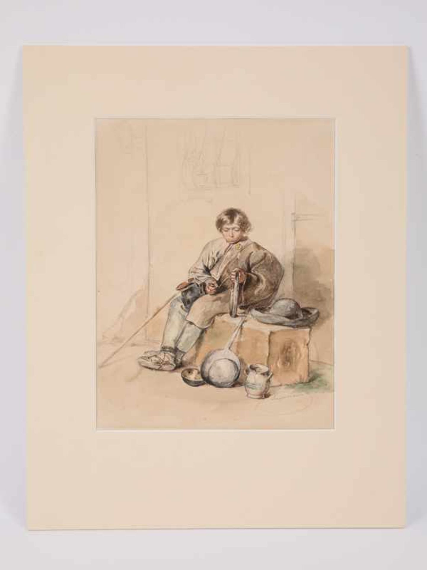 Gaupmann, Rudolf (1815 - 1877). Farbige Aquarellstudie und Bleistiftskizze; "Sitzender junger - Bild 4 aus 8