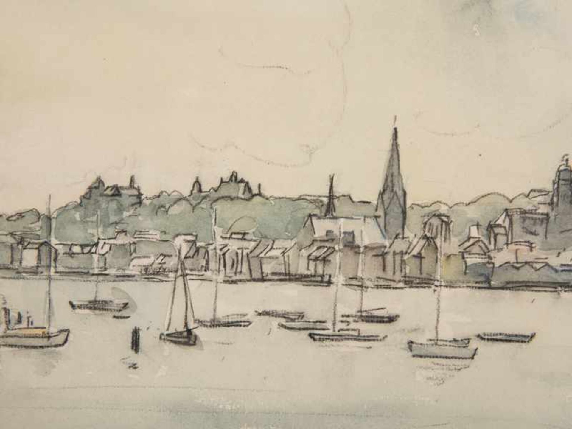 Hensel, Gerhard Fritz (1910 - 1986). Farbig aquarellierte Kohlezeichnung, "Im Flensburger Hafen", - Bild 10 aus 14