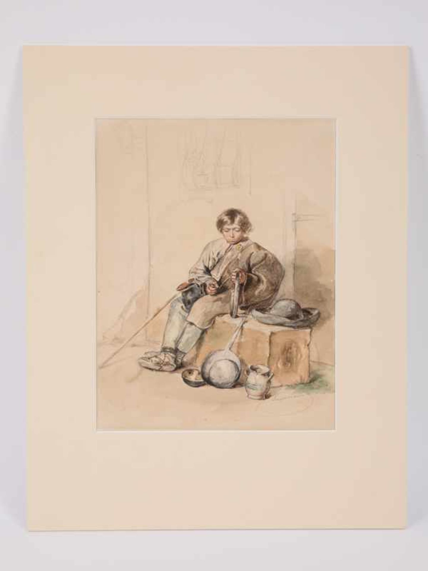 Gaupmann, Rudolf (1815 - 1877). Farbige Aquarellstudie und Bleistiftskizze; "Sitzender junger - Bild 3 aus 8