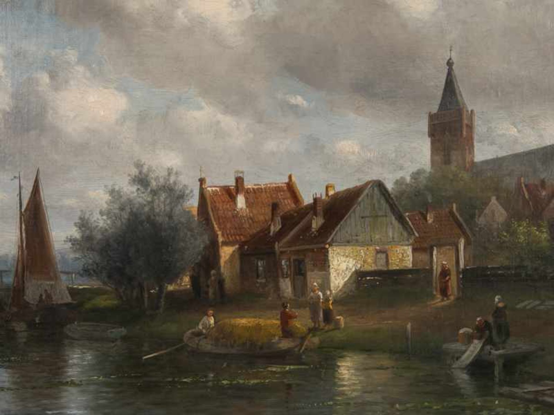 Leickert, Charles (1816 - 1907). Öl auf Leinwand, Niederländische Landschaftsszene mit Kanal, - Bild 4 aus 10