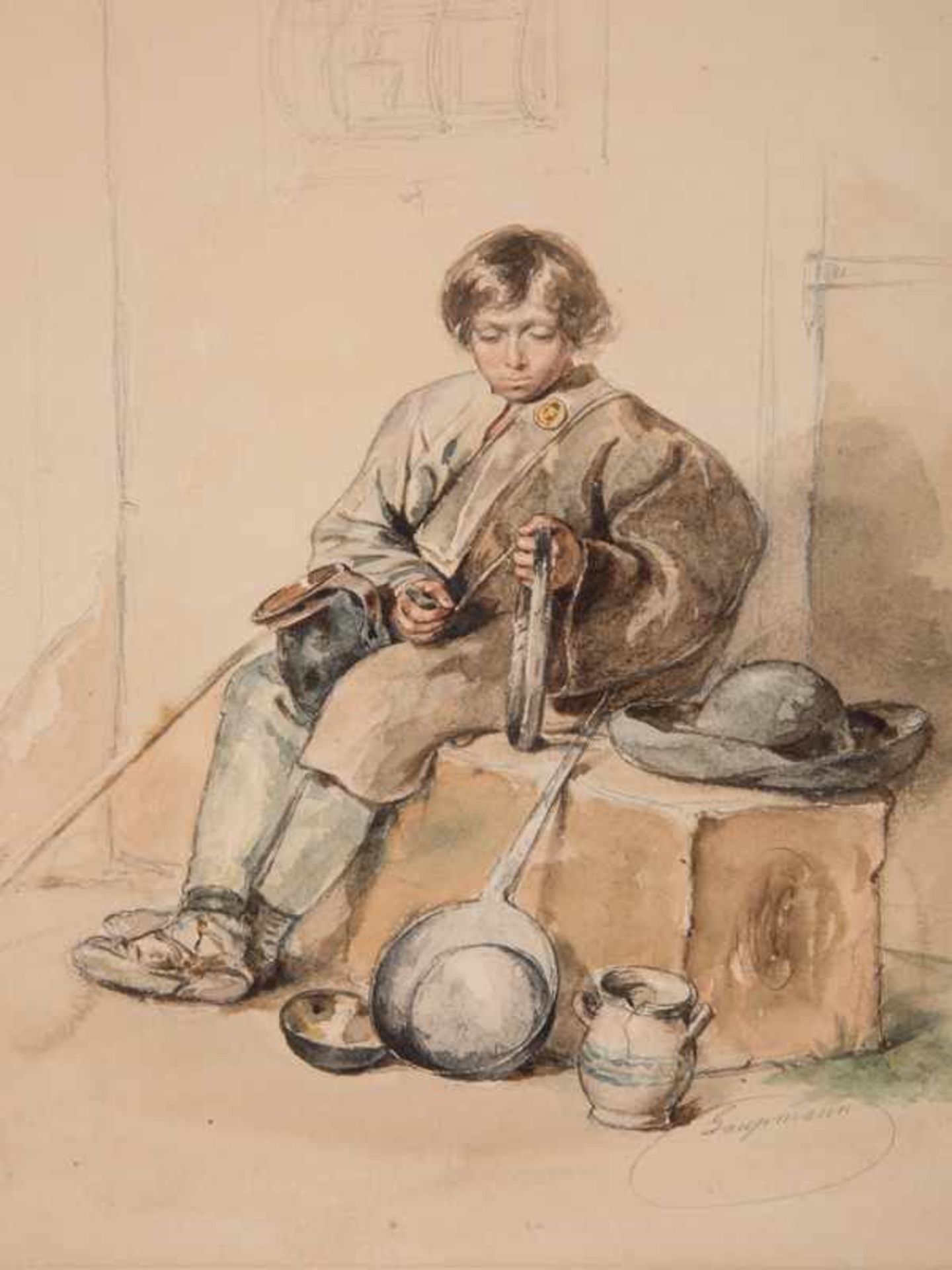 Gaupmann, Rudolf (1815 - 1877). Farbige Aquarellstudie und Bleistiftskizze; "Sitzender junger