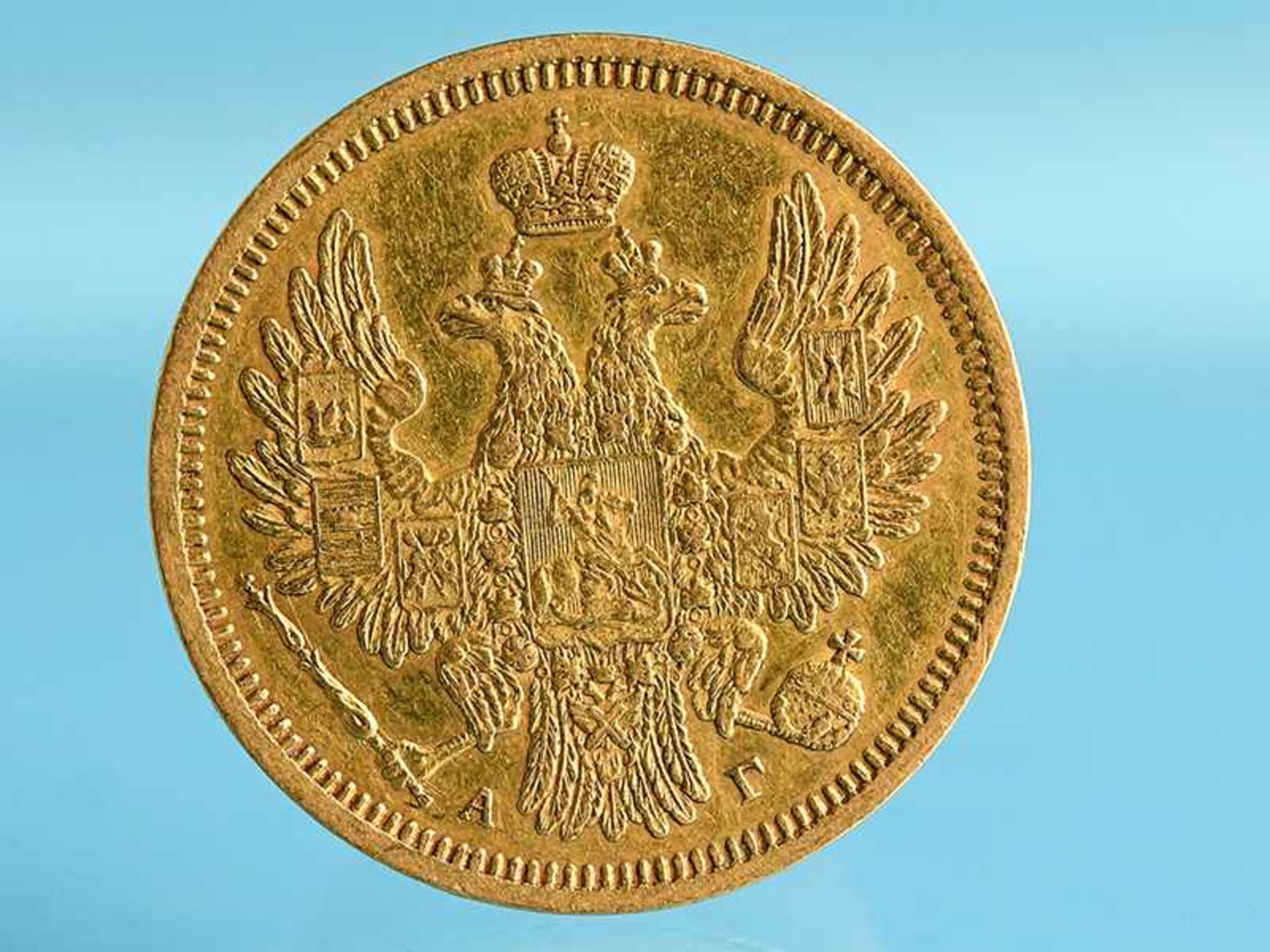 Goldmünze "5 Rubel", Russland (Nikolaus I./ 1815 - 1855), 1852. 917/-Gold, ca. 6,5 g. Mit - Bild 3 aus 3