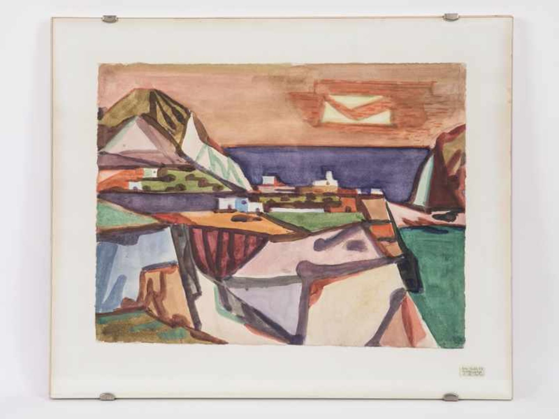 Lichte, Harm (1900 - 1957). Aquarell, "Insellandschaft", 1957. Geometrisch abstrahierte, farbige