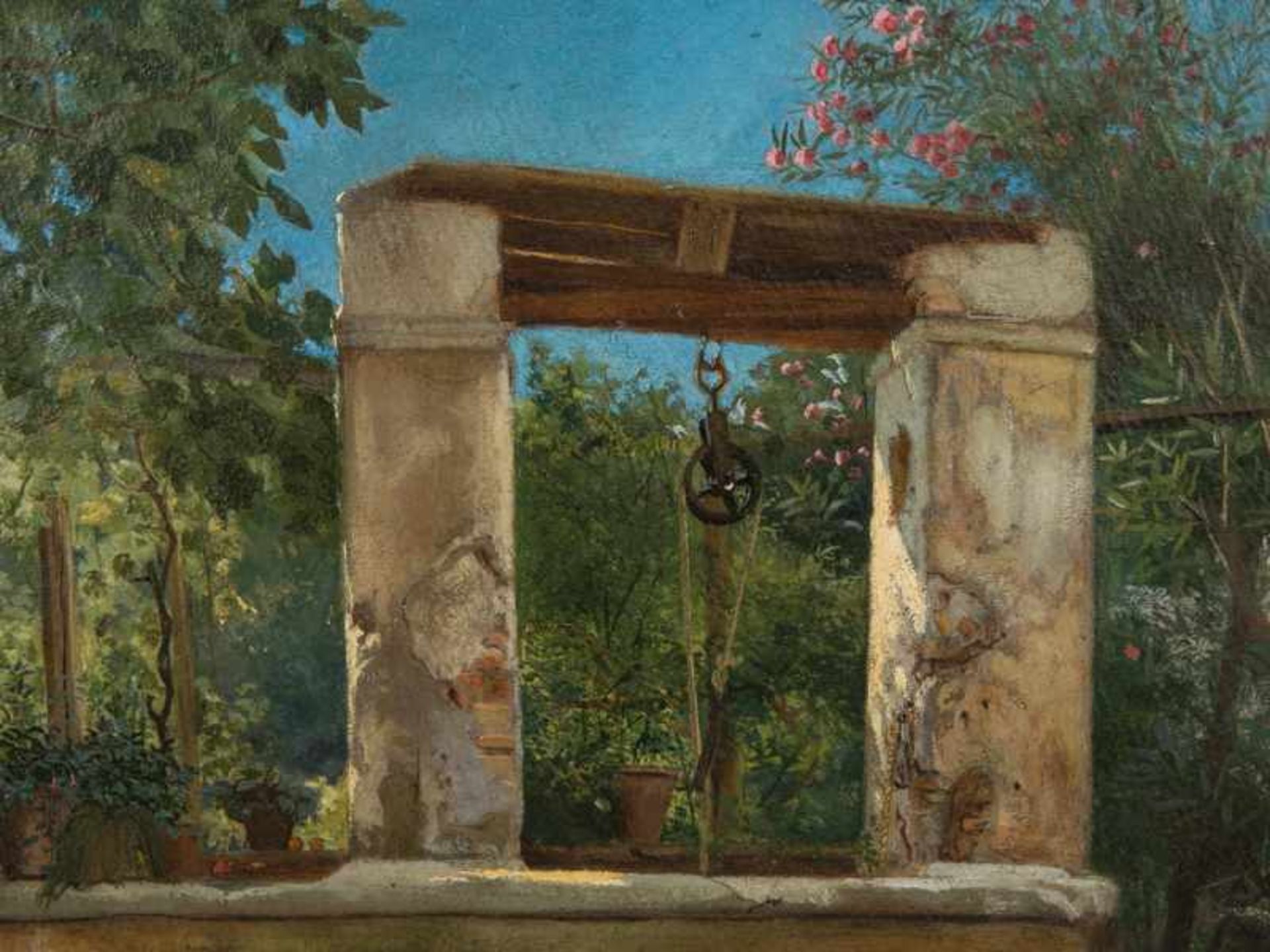 Franck, Adolf Theodor (1841 - 1929). Öl auf Malkarton, "Römischer Brunnen mit blühendem Oleander", - Bild 3 aus 10