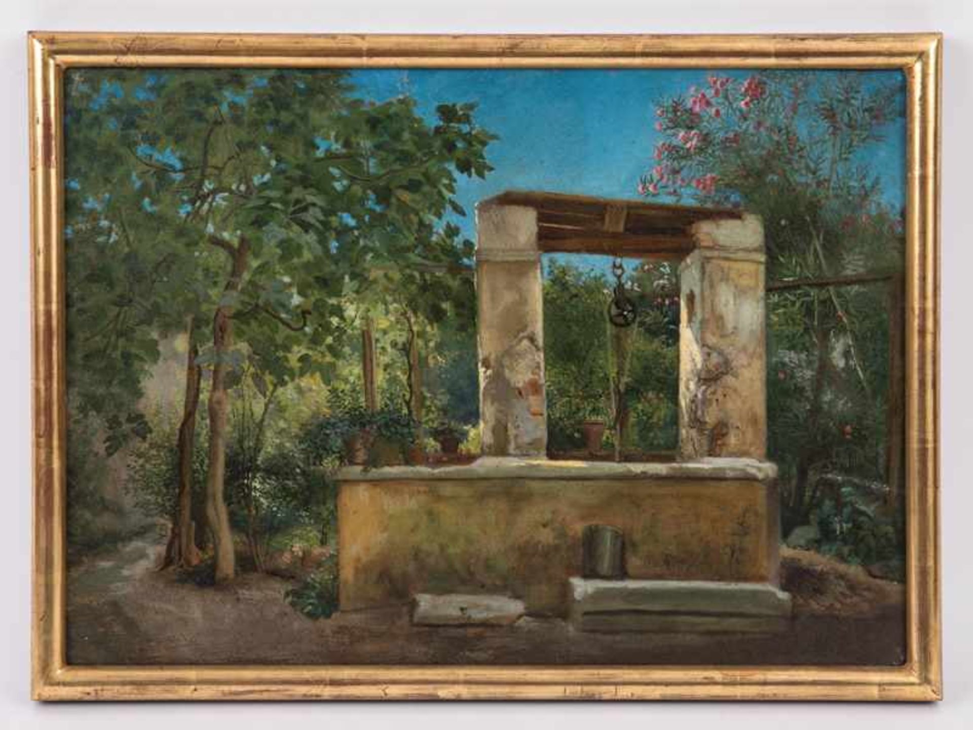 Franck, Adolf Theodor (1841 - 1929). Öl auf Malkarton, "Römischer Brunnen mit blühendem Oleander",