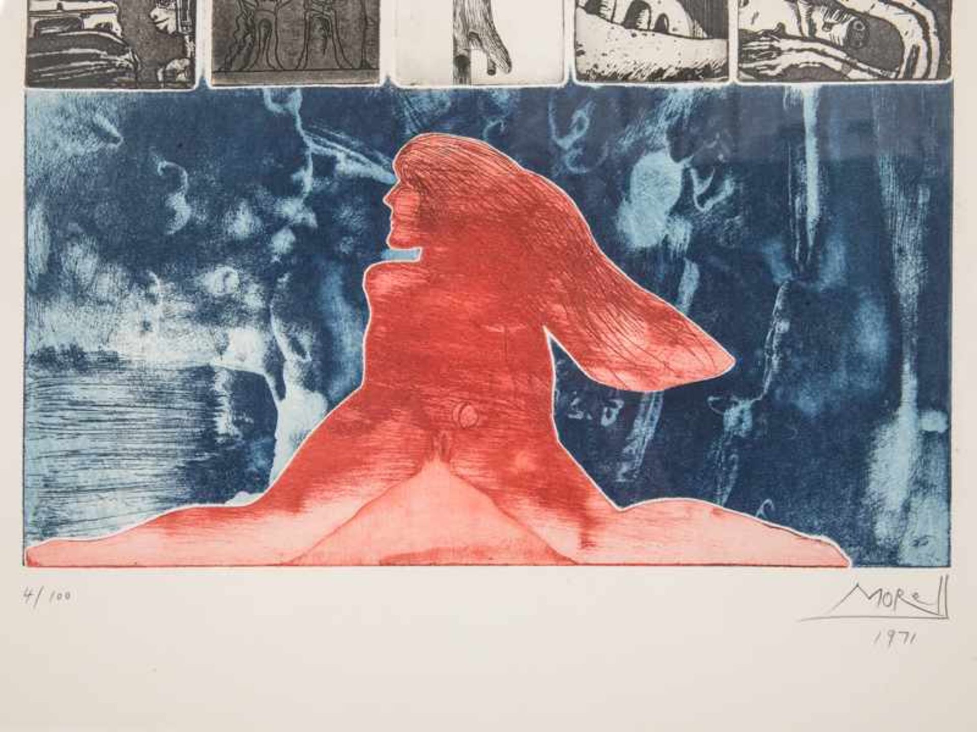 Morell, Pit (* 1939). Farb-Aquatintaradierung. Blaugrundige Komposition mit rotem weiblichen Akt, - Bild 8 aus 10