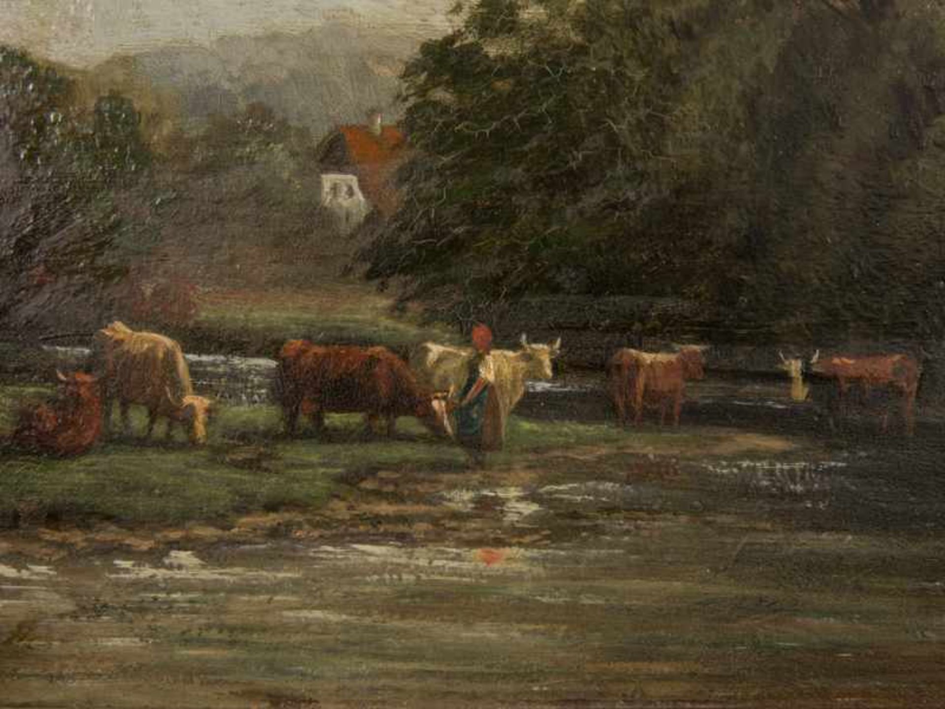 Kornbeck, Julius (1839 - 1920). Öl auf Holz, "Hirtin mit Kühen am Fluss". Waldreiches - Bild 3 aus 14