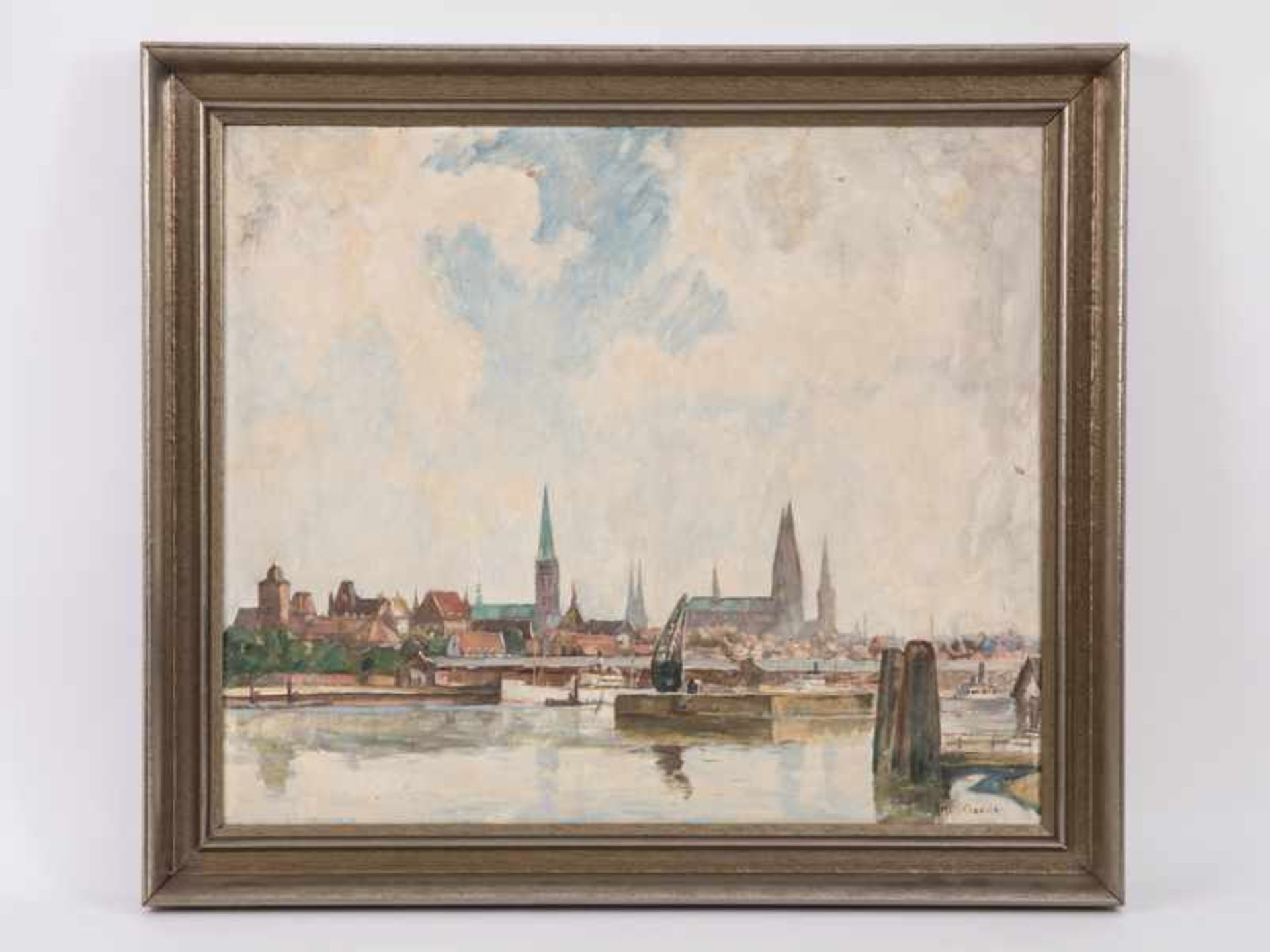 Schodde, Wilhelm (1883 - 1951). Öl auf Spanholzplatte, "Der Lübecker Burgtorhafen mit Blick auf