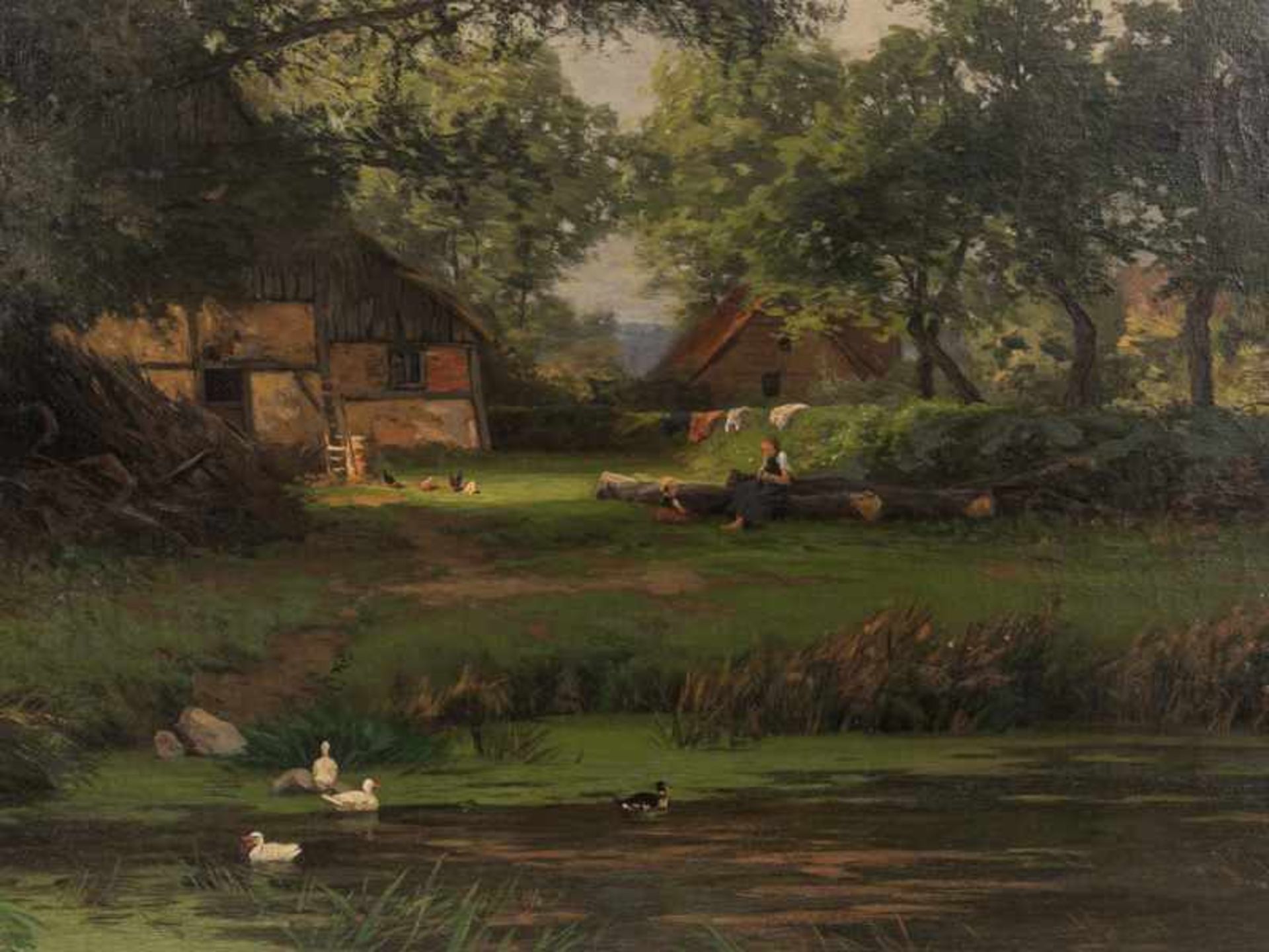 Grebe, Hans (1850 - 1925). Öl auf Leinwand. "Gehöft unter Bäumen mit Personen- und Tierstaffage", - Bild 2 aus 7
