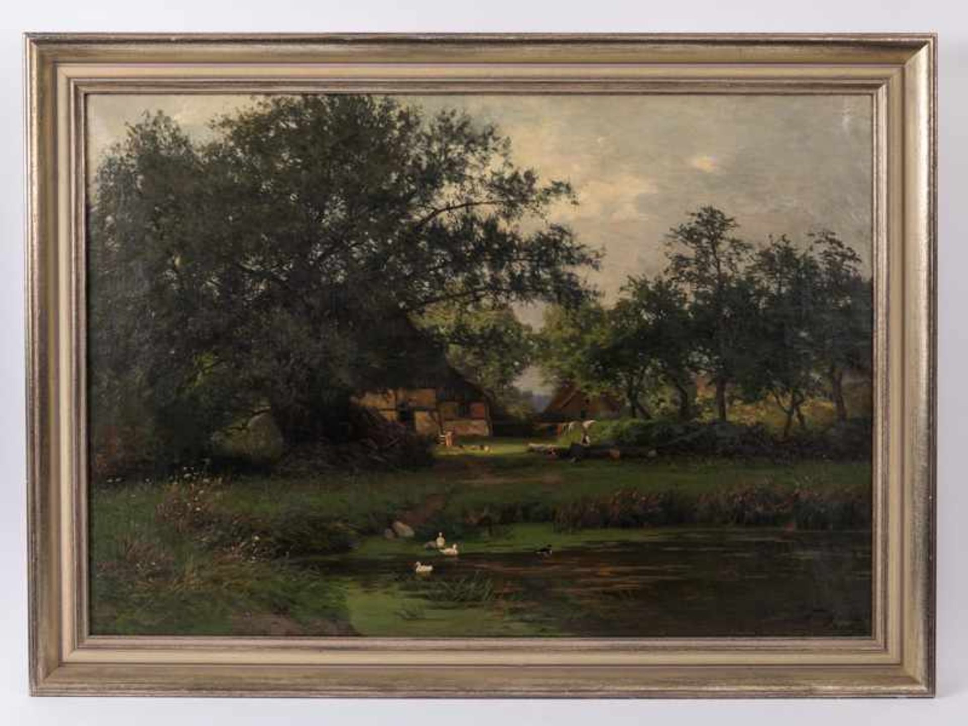 Grebe, Hans (1850 - 1925). Öl auf Leinwand. "Gehöft unter Bäumen mit Personen- und Tierstaffage",
