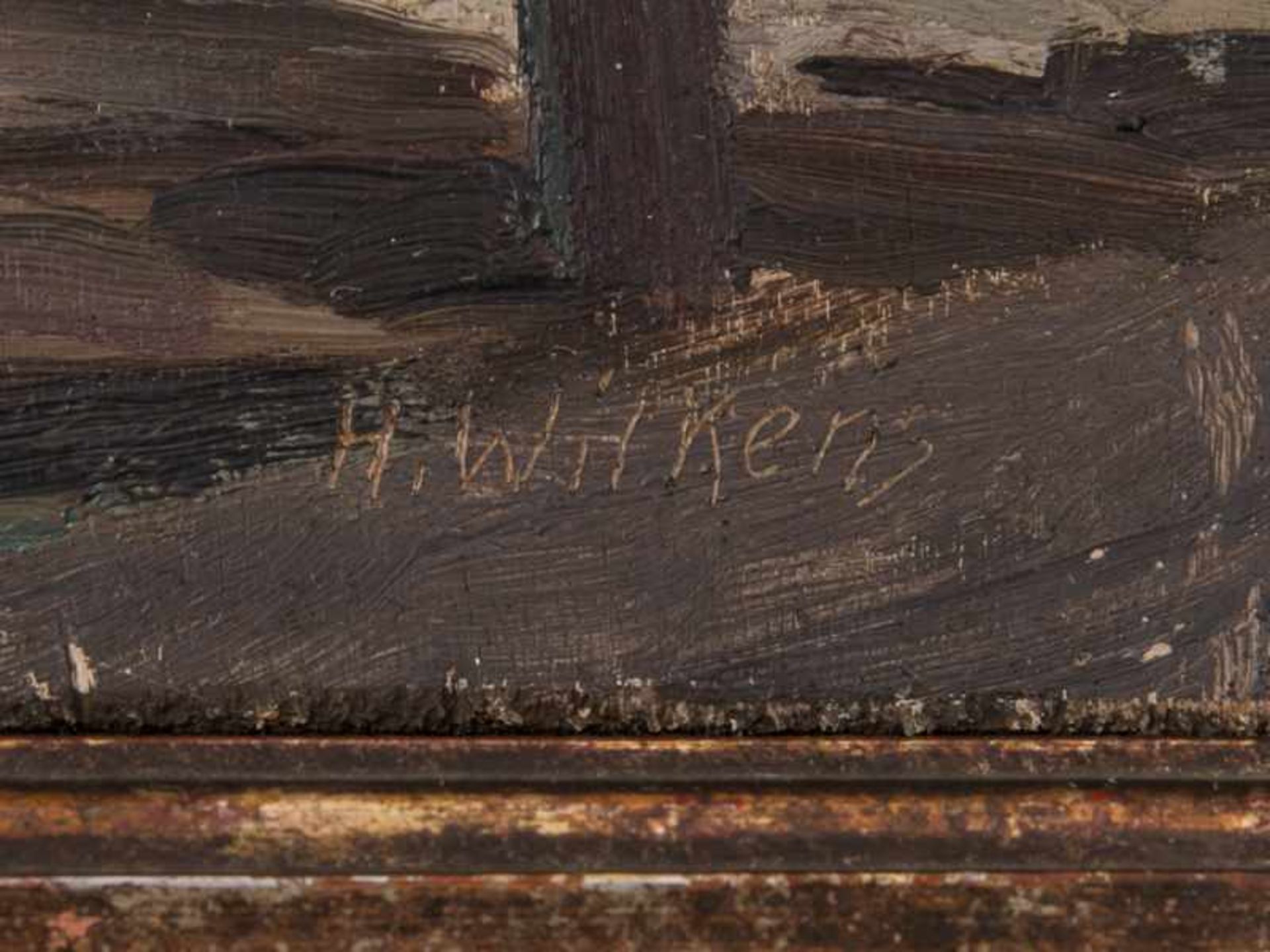 Wilkens, Hugo (1888 - ?). Öl auf Sperrholzplatte. "Beim neuen Silo"; in erdig-grauem Kolorit gemalte - Bild 3 aus 5