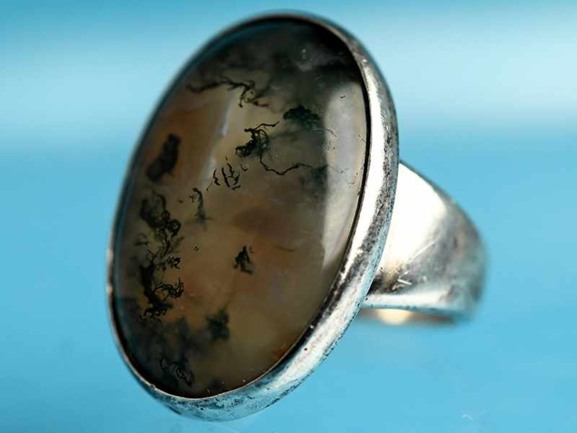 Ring mit Moosachat, bezeichnet Georg Jensen, No. 90G, Dänemark, 20. Jh. 925/- Silber.