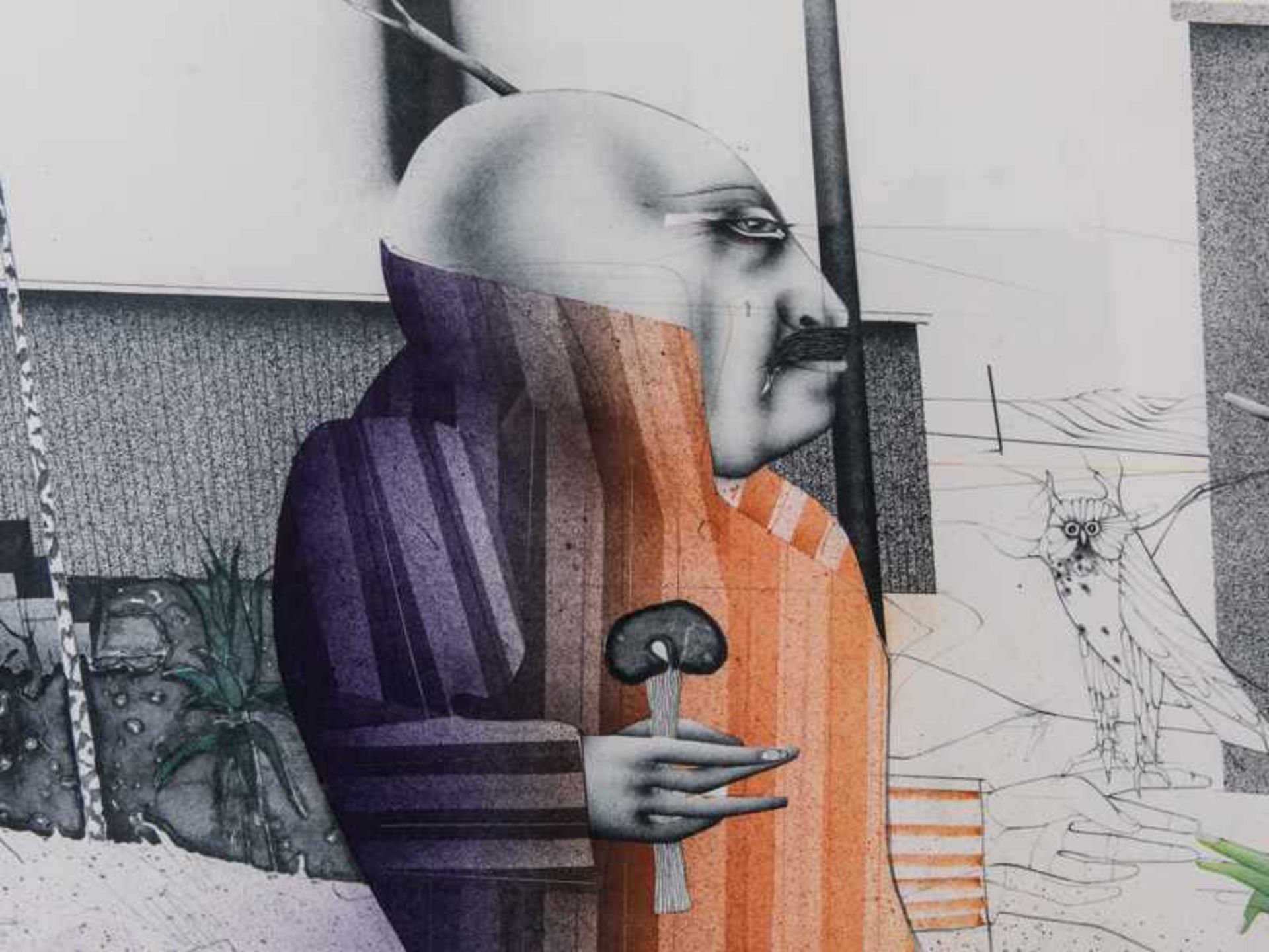 Wunderlich, Paul (1927 - 2010). Farblithographie. "Gartenzaun mit drei Zypressen", surrealistische - Image 2 of 6