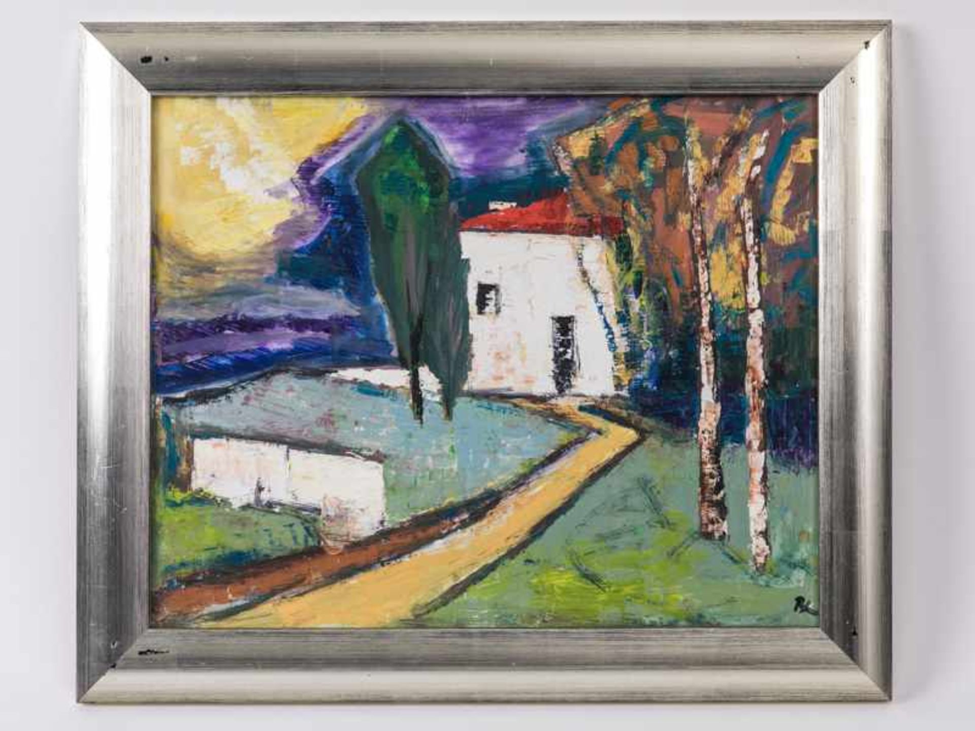 Beckmann, Hans (1913 - 1996). Öl auf Hartfaserplatte. "Haus in der Provence"; modern abstrahiertes