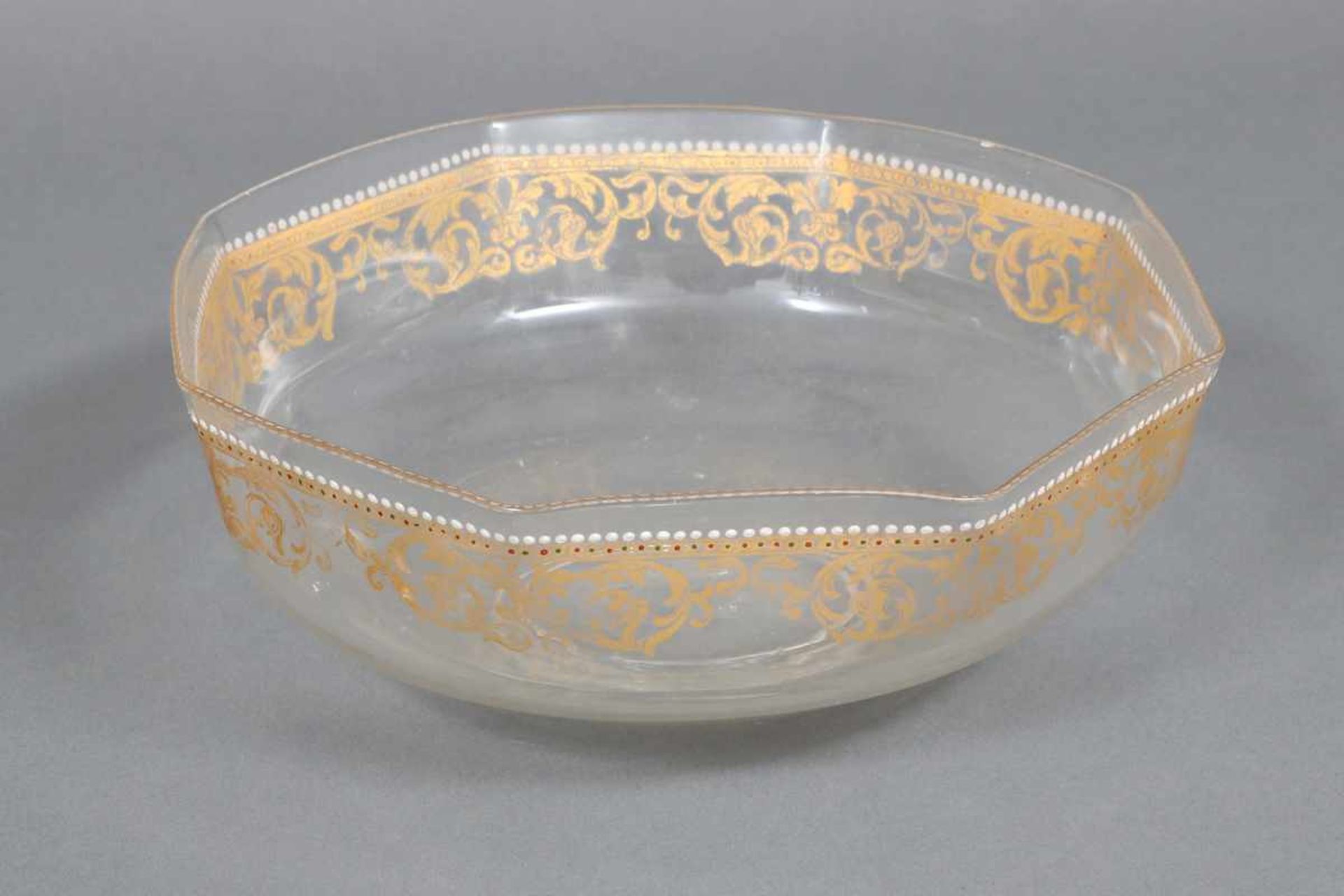 ¨Facon de Venise¨ Schale farbloses Glas, wohl um 1800, polygonale Schale, feine Goldbemalung (