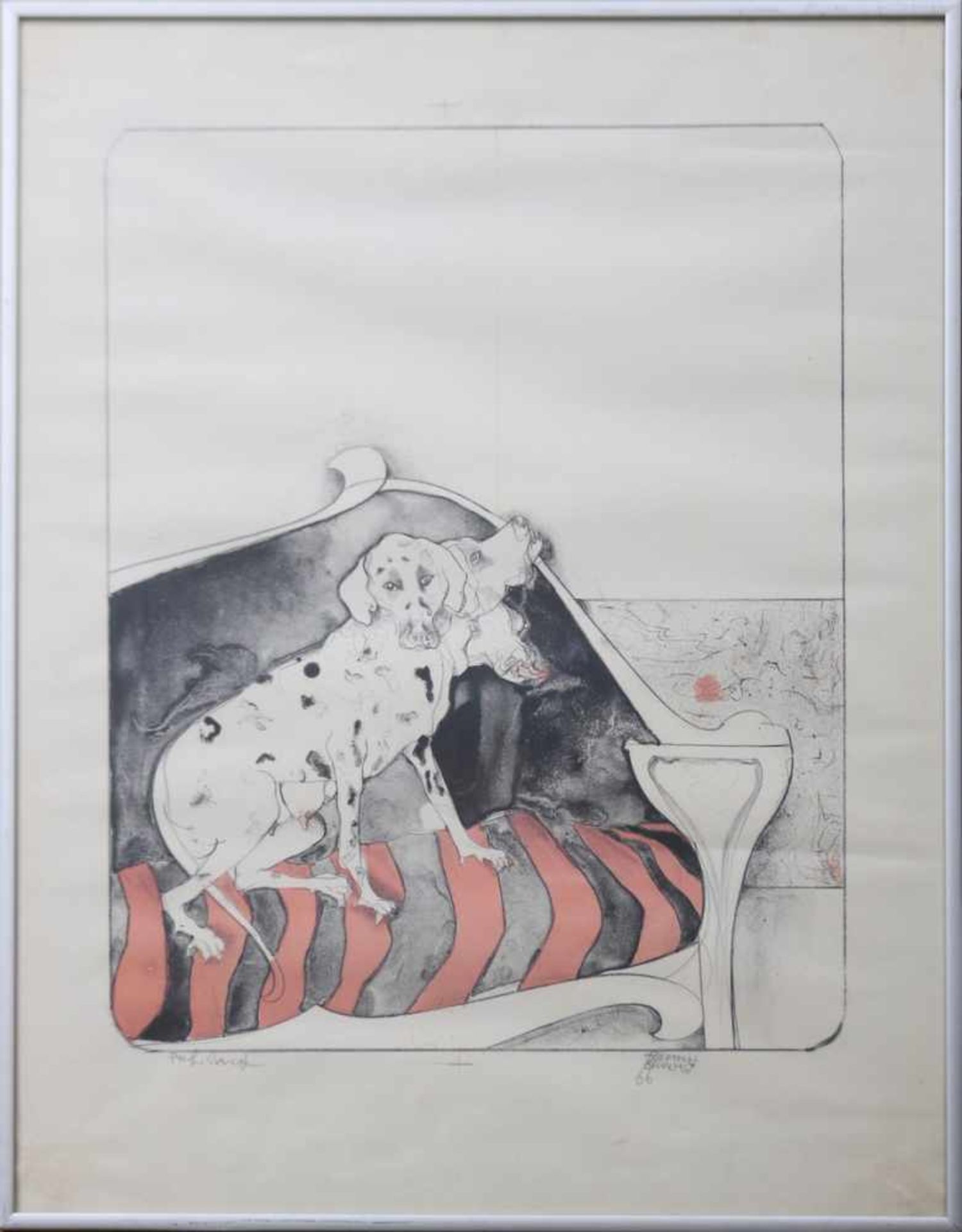 BRUNO BRUNI (geb. 1935 Gradara) Farblithographie, ¨Hündin auf dem Sofa¨, unten signiert und