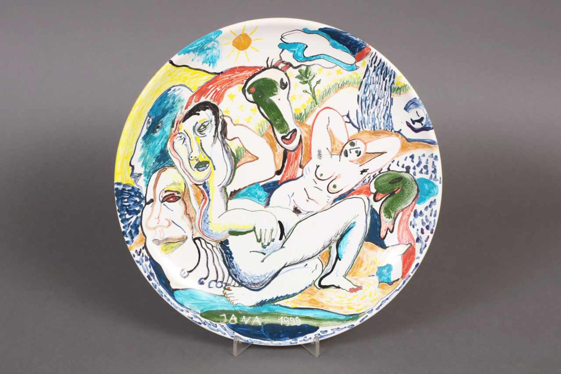 JANA GRZIMEK (geb. 1964 Berlin) Teller Keramik, runder Teller mit handgemaltem, polychromem