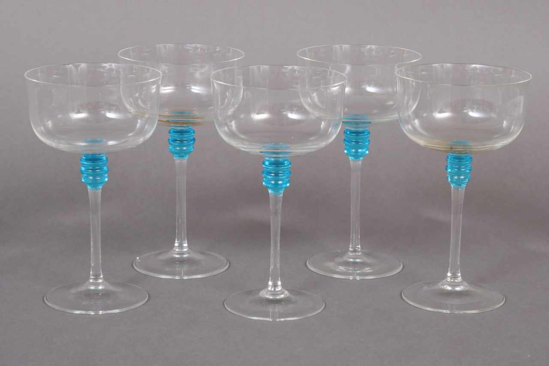 10 Champagnerschalen im Stile des Art Deco farbloses Glas, am Stiel blaue und rosafarbene - Bild 2 aus 3