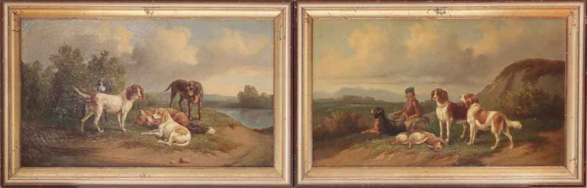 ANONYMER wohl englischer KÜNSTLER des 19. Jahrhunderts Paar Gemälde, Öl auf Leinwand, ¨Jäger mit