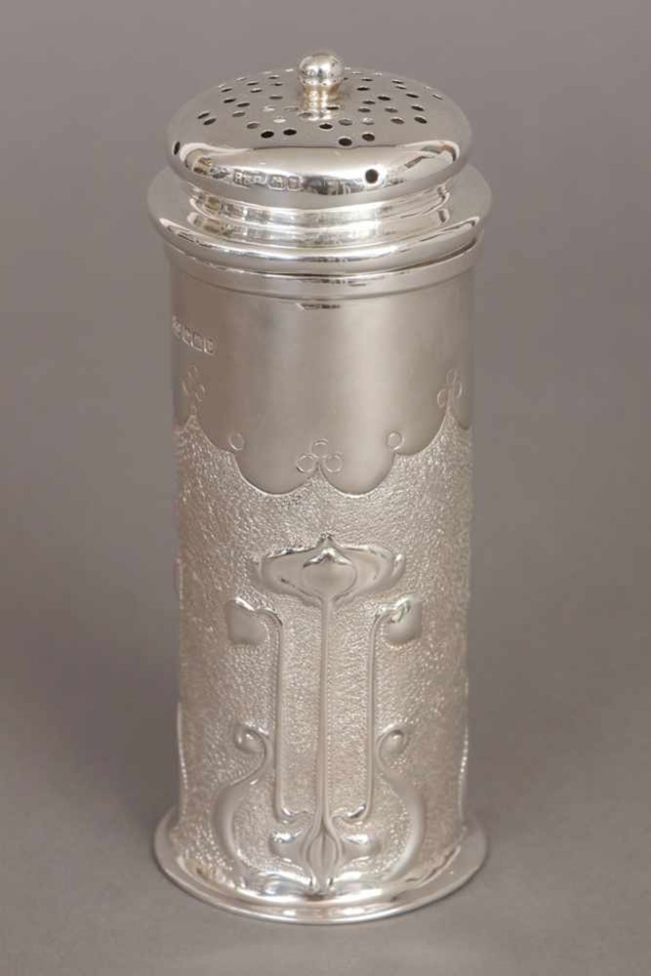 Jugendstil Zuckerstreuer Sterling Silber, Sheffield, England, zylindrische Form mit umlaufendem