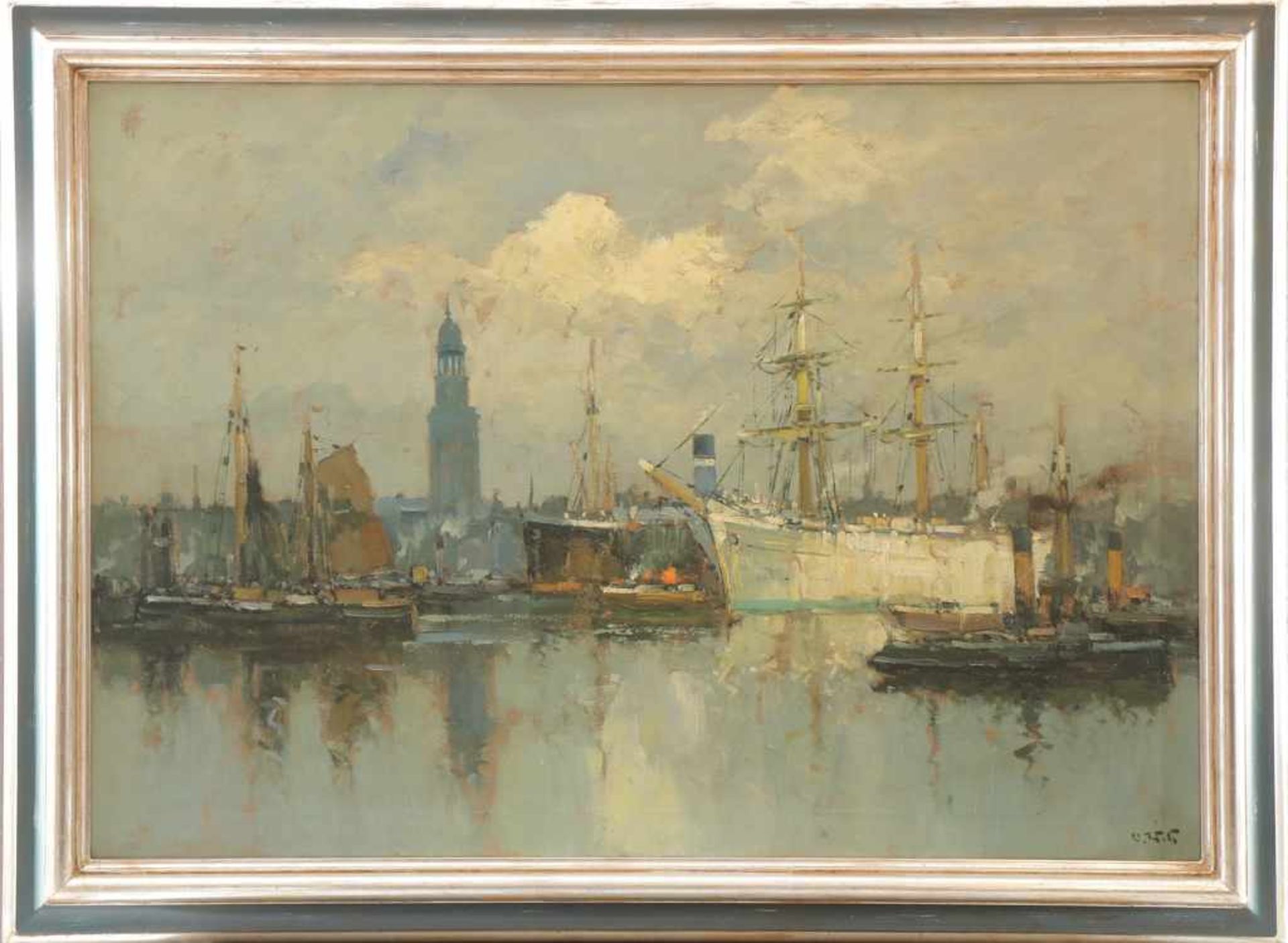 OTTO WILD (1898 Trostberg-1971) Öl auf Leinwand, ¨Schiffe im Hamburger Hafen, im Hintergrund der