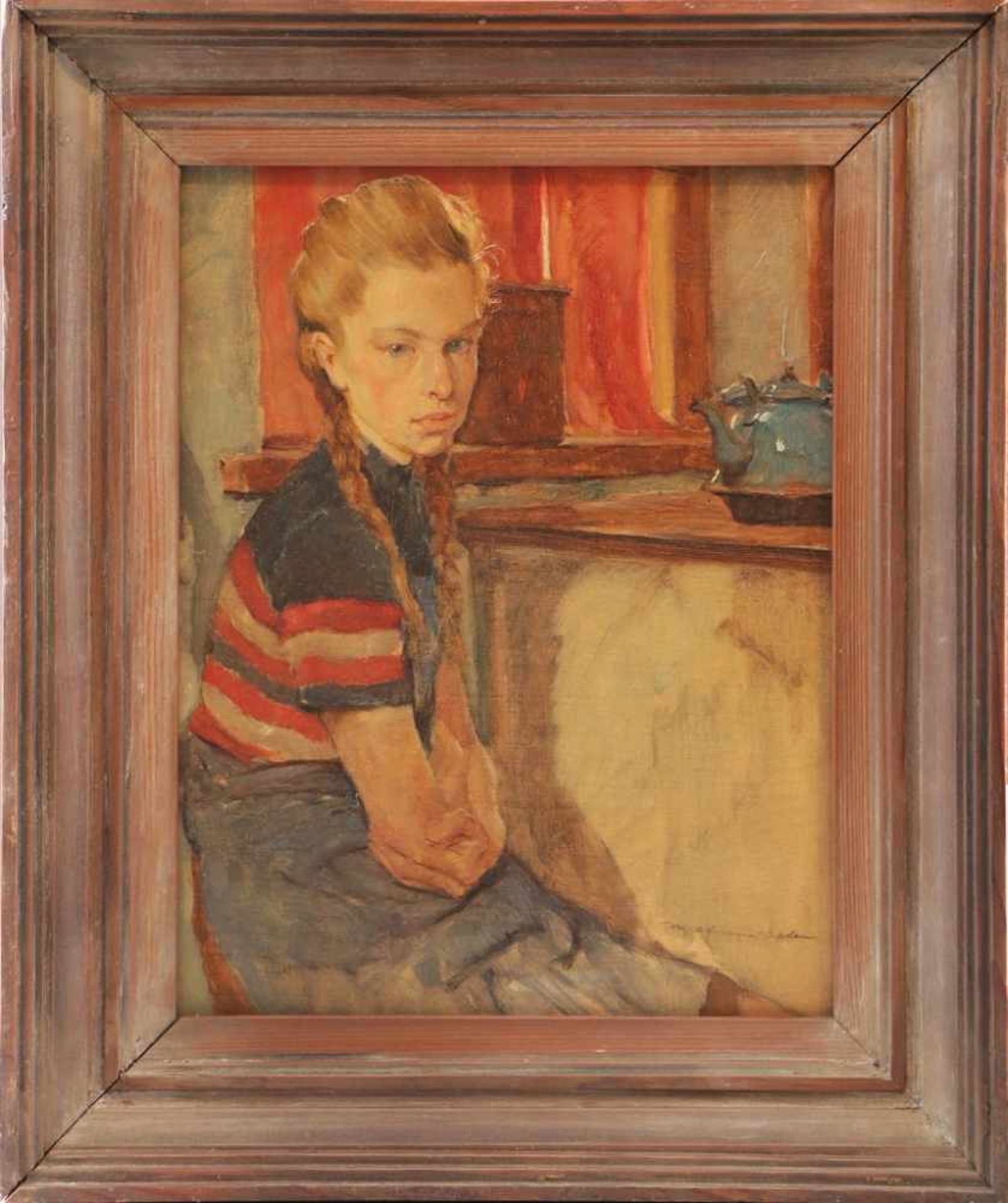 MAX AHRENS (1898 Hamburg-1967 Mölln) Öl auf Holzplatte, ¨Mädchen mit Zöpfen und gestreiftem Pullover