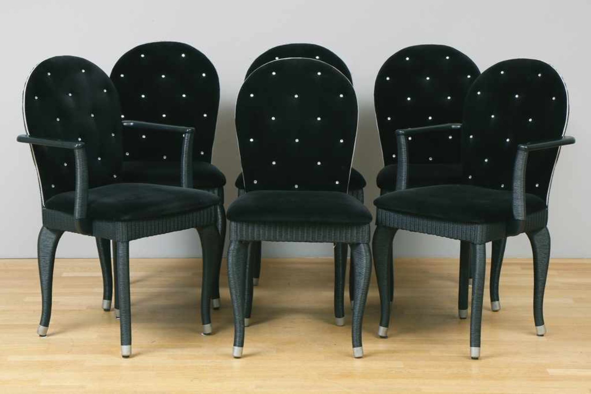 6 AKZENTE ¨Opera¨ Stühle Rahmen Rattan-Geflecht, schwarz lackiert, Medaillonrücken und Sitzfläche