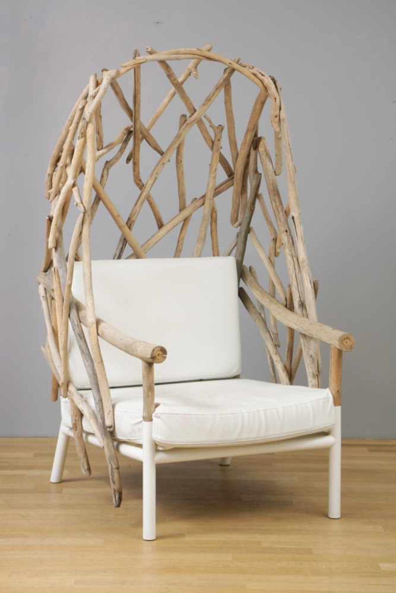 Großer Garten-/Outdoor-Sessel im Stile eines Strandkorbs hoher Rücken aus Treibholz, Sitz- und