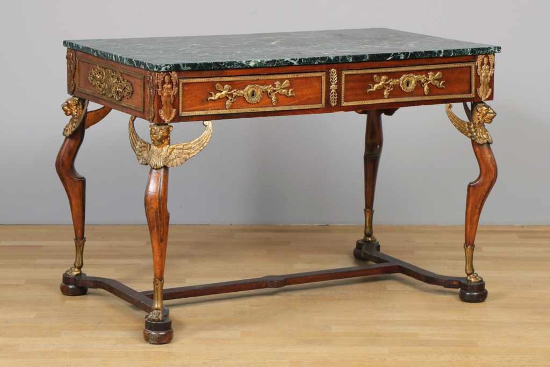 Schreibtisch im Stile des Empire Mahagoni u.a. Edelhölzer, furniert, Frankreich, 19. Jhdt., eckige