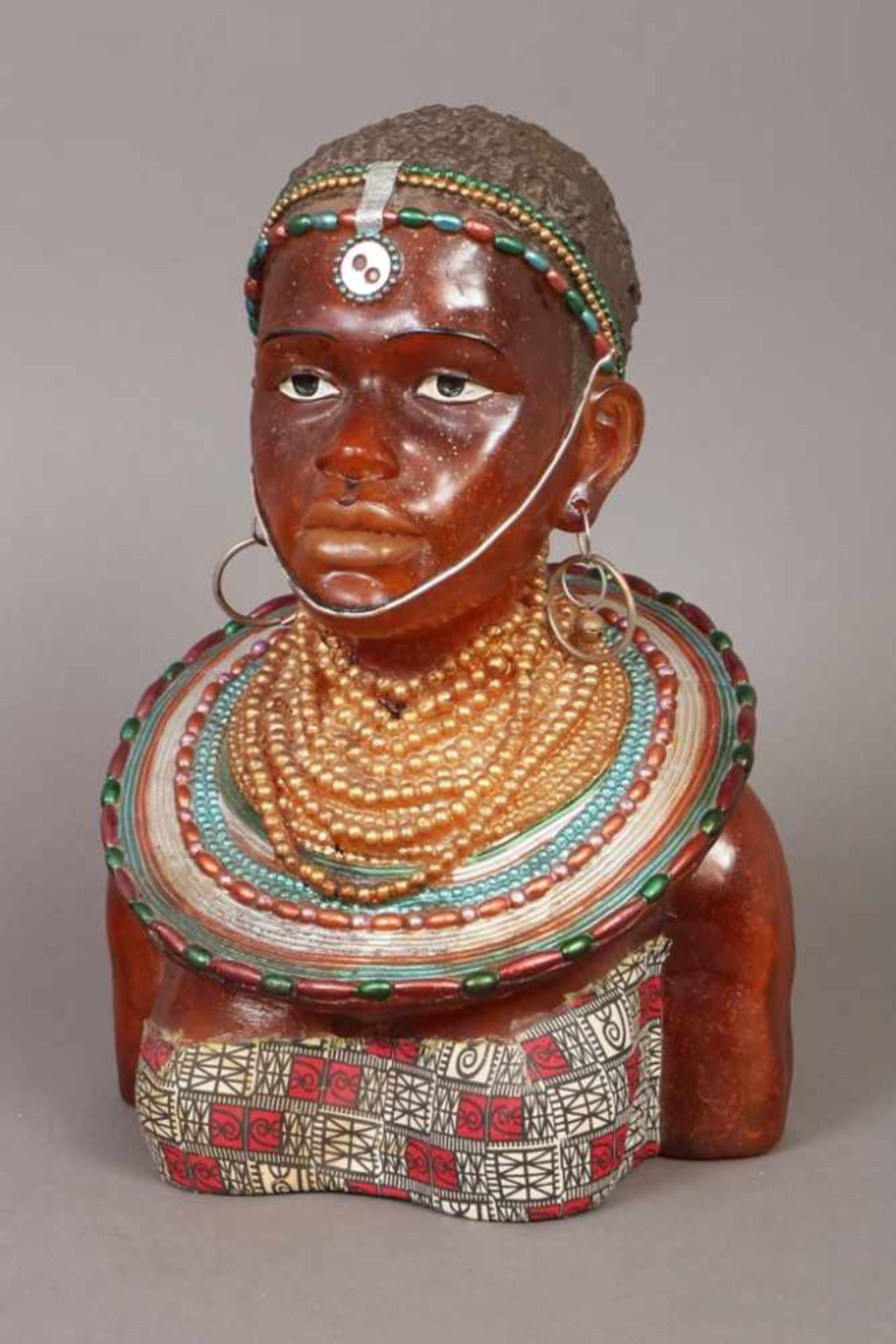 Dekorative Büste/Figur ¨Afrikanerin¨ (mit Kopf- und Halsschmuck) Kunstharz-Guss, naturalistisch