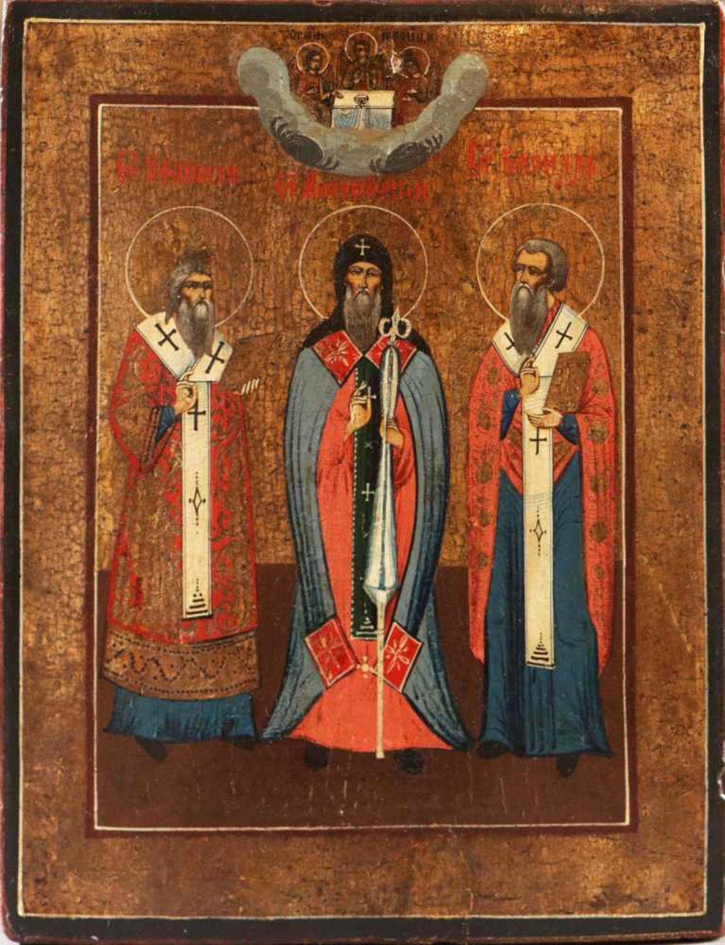 Ikone ¨3 Heilige der Ostkirche¨ Russland, 19. Jhdt., Tempera mit Gold auf Holz, Darstellung des