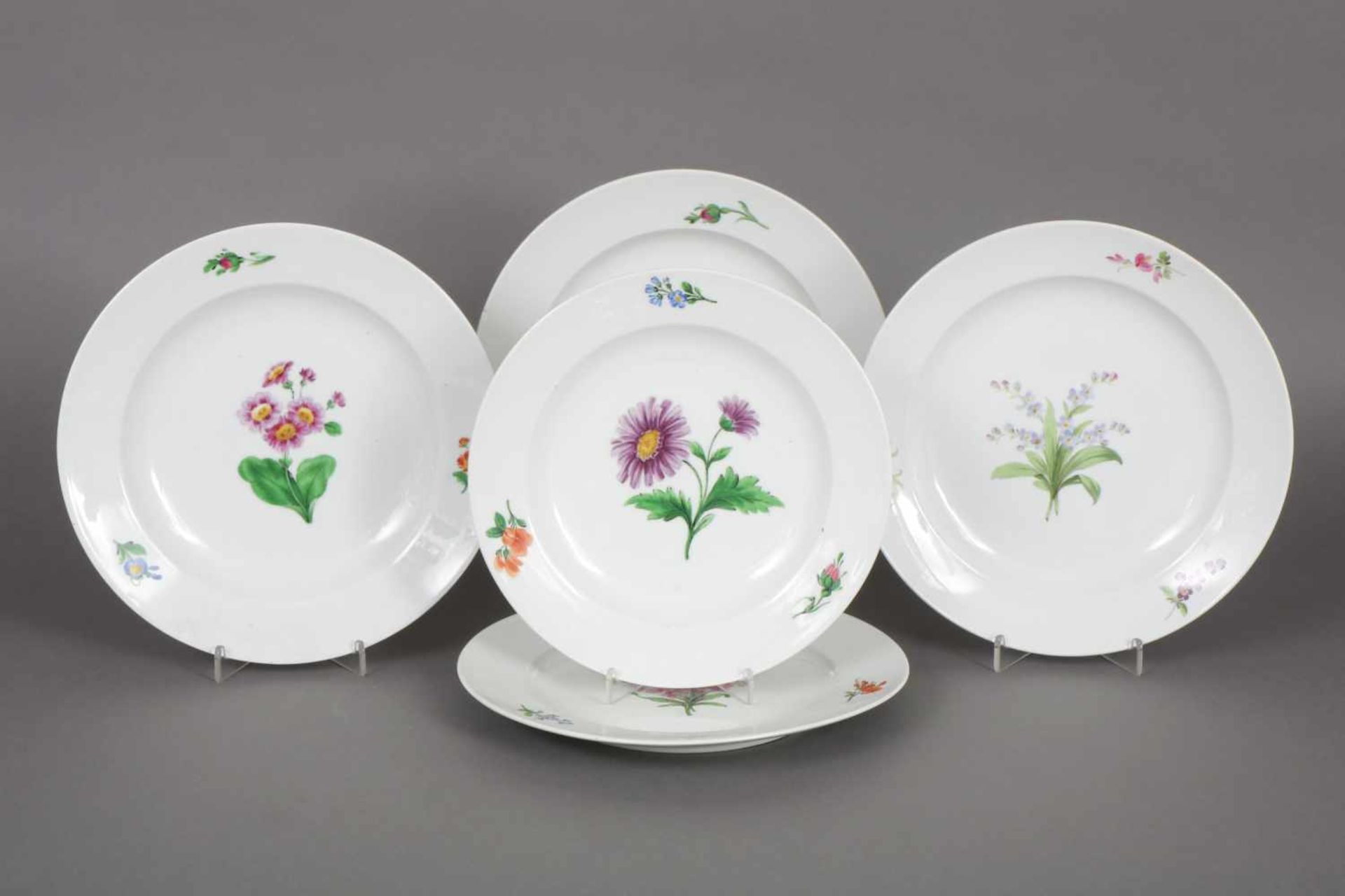 5 MEISSEN Teller 19. Jhdt., polychromes Blumendekor, Schwertermarke, D 22-24cm