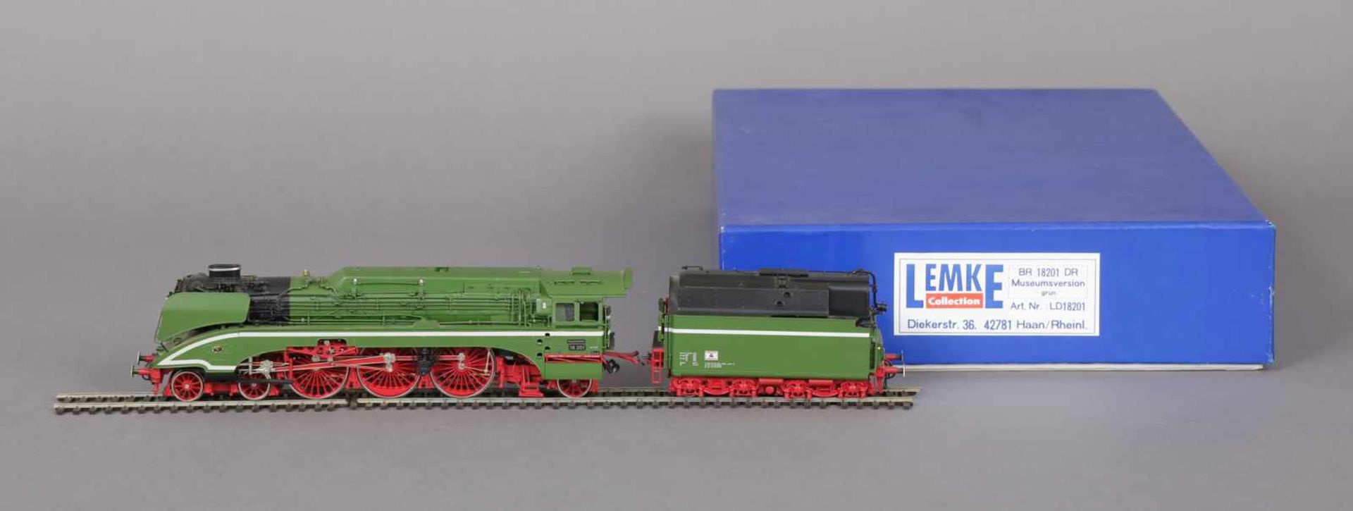 Lemke Modell-Lok mit Tender Modell BR 18201 DR, Museumsversion, grün, Art. LD 18201, Messingmodell