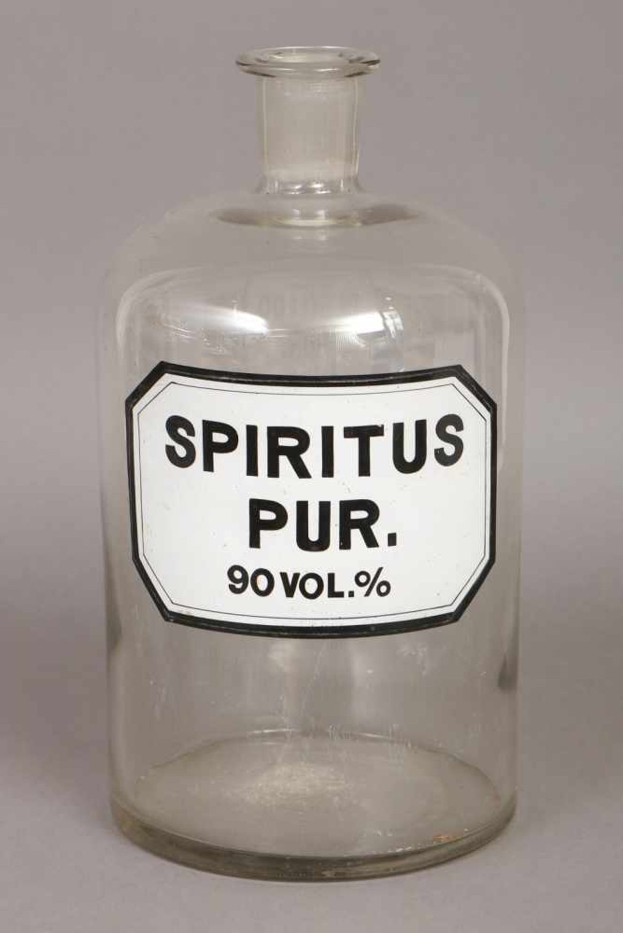 Großes Apothekergefäß ¨Spiritus Pur¨ Glas, um 1900, H ca. 40cm, ohne Stopfen, leicht berieben